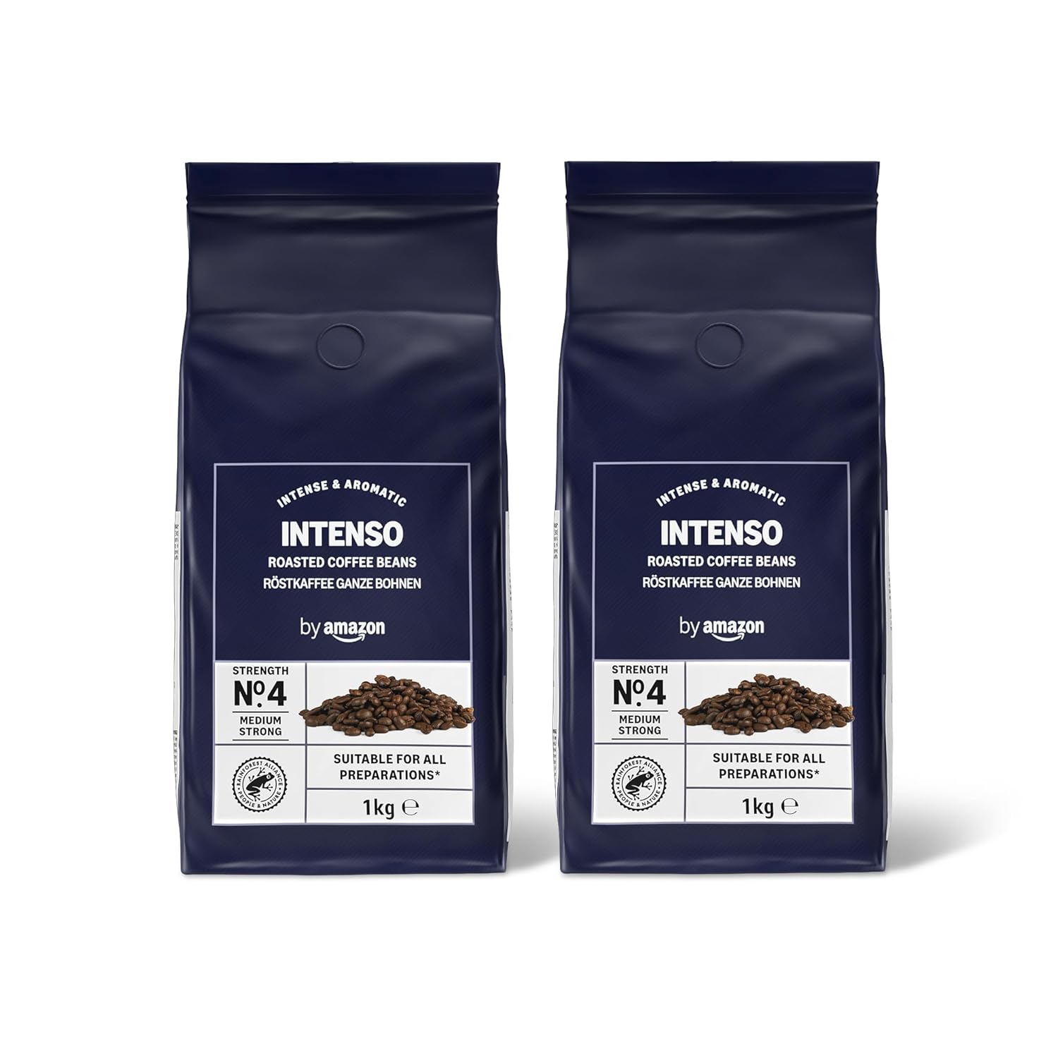 by Amazon Intenso coffee beans, dark roast, 2 kg (2 packs of 1 kg), Rainforest Alliance certified