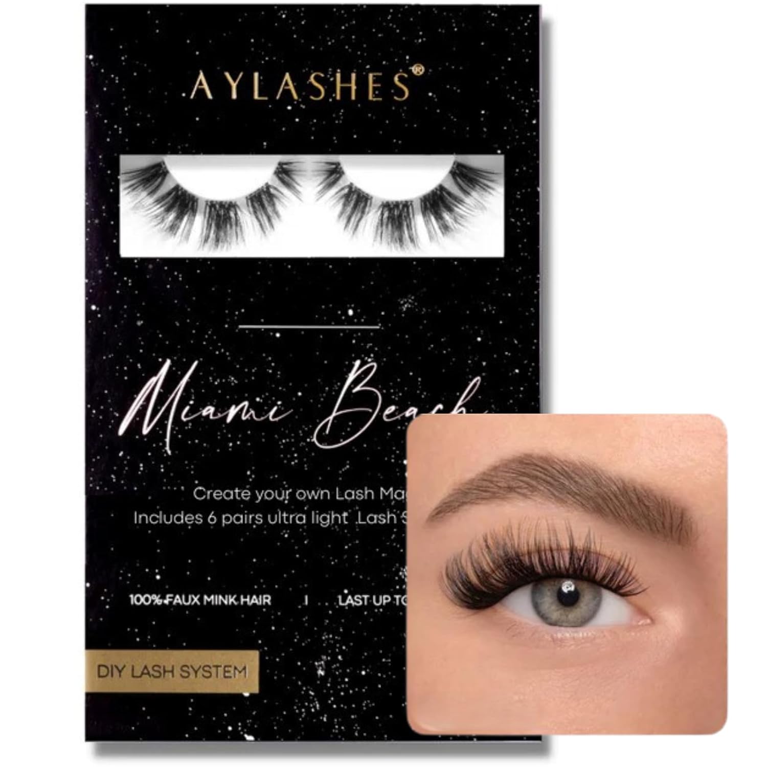 AYLASHES - DIY Eyelash Extensions Maxi Box Miami Beach | 6 Pairs of Eyelashes | Up to 7 Days Hold | Eyelashes DIY Set for Home | Artificial Eyelashes | Adhesive Eyelashes | Cat Eye Lashes | lash