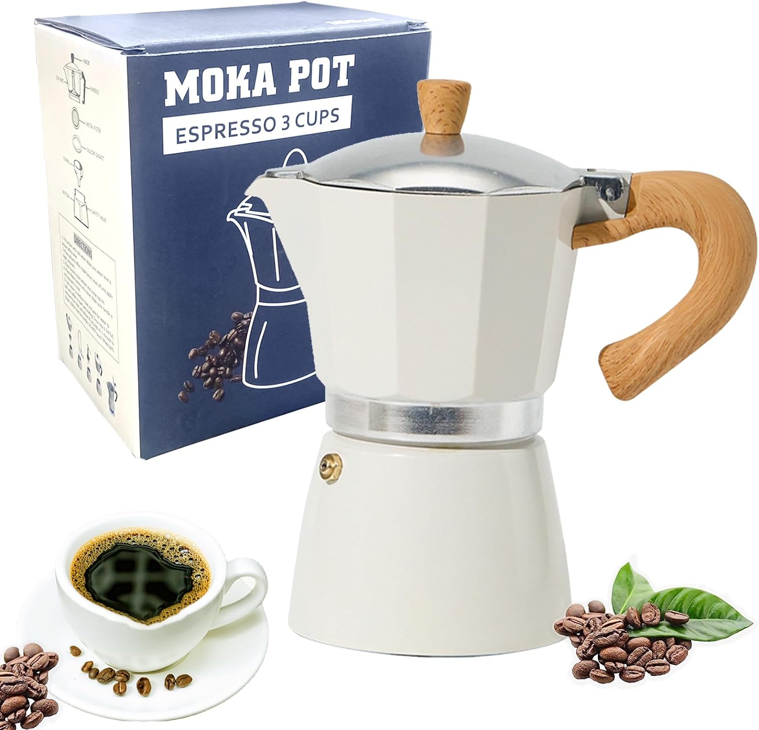 Richsum aluminum stovetop espresso maker - 3 espresso cups - 150 ml moka pot italian coffee maker for gas and electric hobs, white