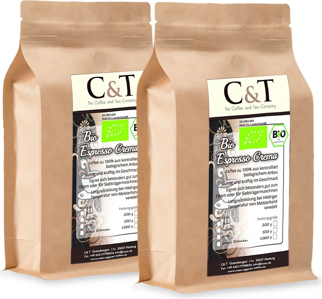 C&TEspresso Crema | Cafe 2 x 1000 g whole beans, gastro-saving pack in a kraft paper bag. Coffee for portafilters, fully automatic machines, espresso makers.