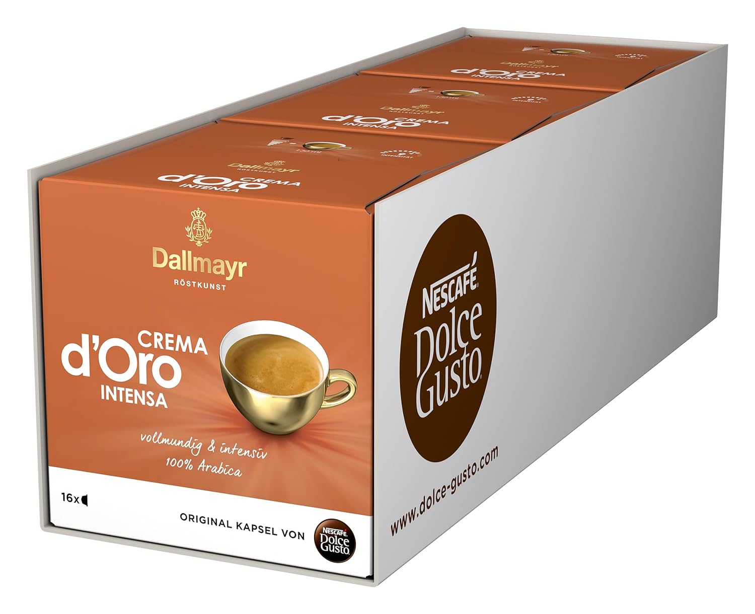 NESCAFÉ Dolce Gusto Dallmayr Crema d'Oro Intensa (48 Coffee Capsules, Intensity 9 out of 12, 100% Arabica Beans), Pack of 3 (3 x 16 Capsules)
