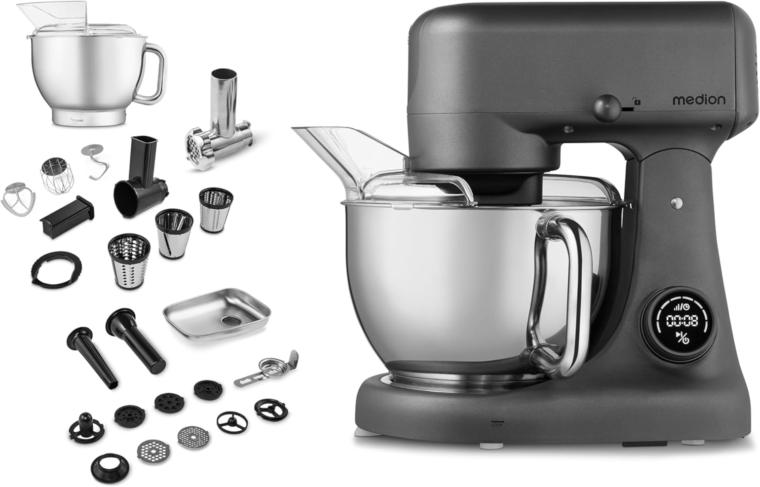 MEDION MD12600 Food Processor with Meat Grinder (800 Watt, Quiet DC Motor, 4.6 Liter Stainless Steel Bowl, Grater Rasp Cutting, Energy Saving, Digital Sensor Touch Display, MD12600) Titanium