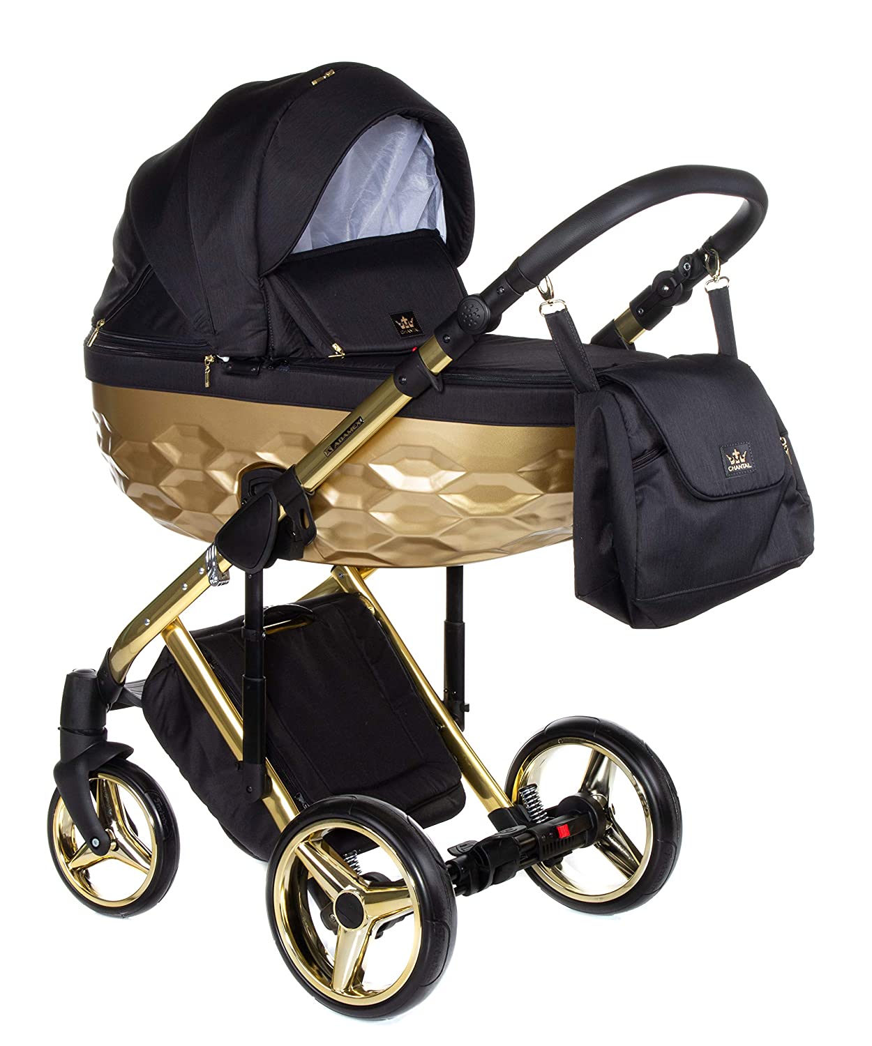 Adamex Chantal Pushchair Combination Pram Complete Set + Wail Bag with Changing Mattress + Film + Mosquito Net + Cup Holder and Winter Muffs (Star 6 - Gold Black, 3-in-1)
