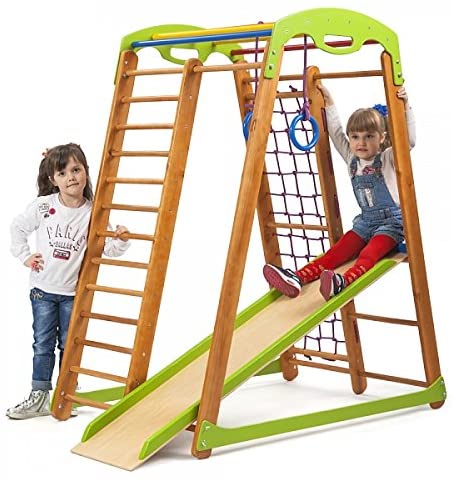 Childrens Junior Home Wooden Playground With Descent 1 Climbing Net Rings 