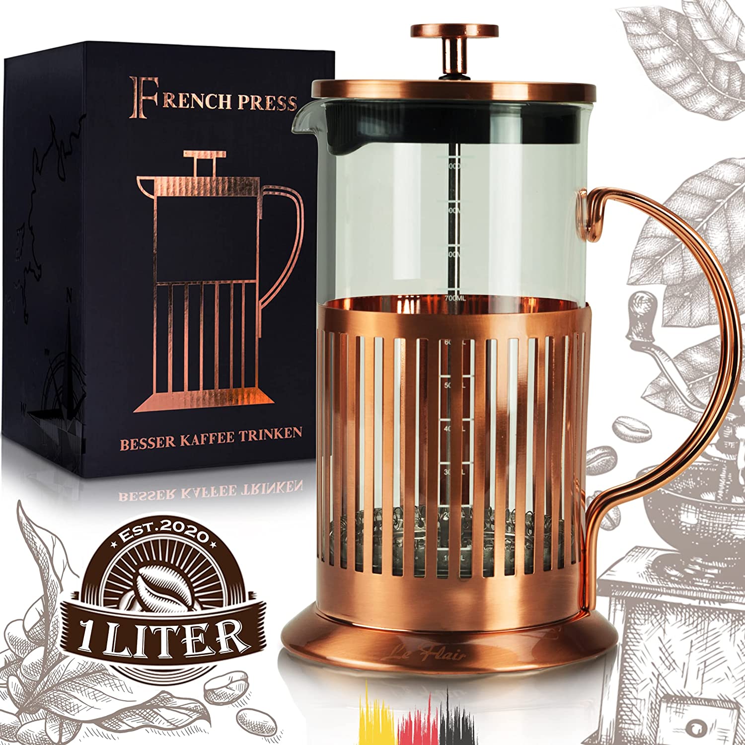 Le Flair® French Press for 1 Litre Coffee - Tea Press Jug Made of Glass with Copper Coating - Coffee Maker including Copper Design Packaging – Press Coffee Maker