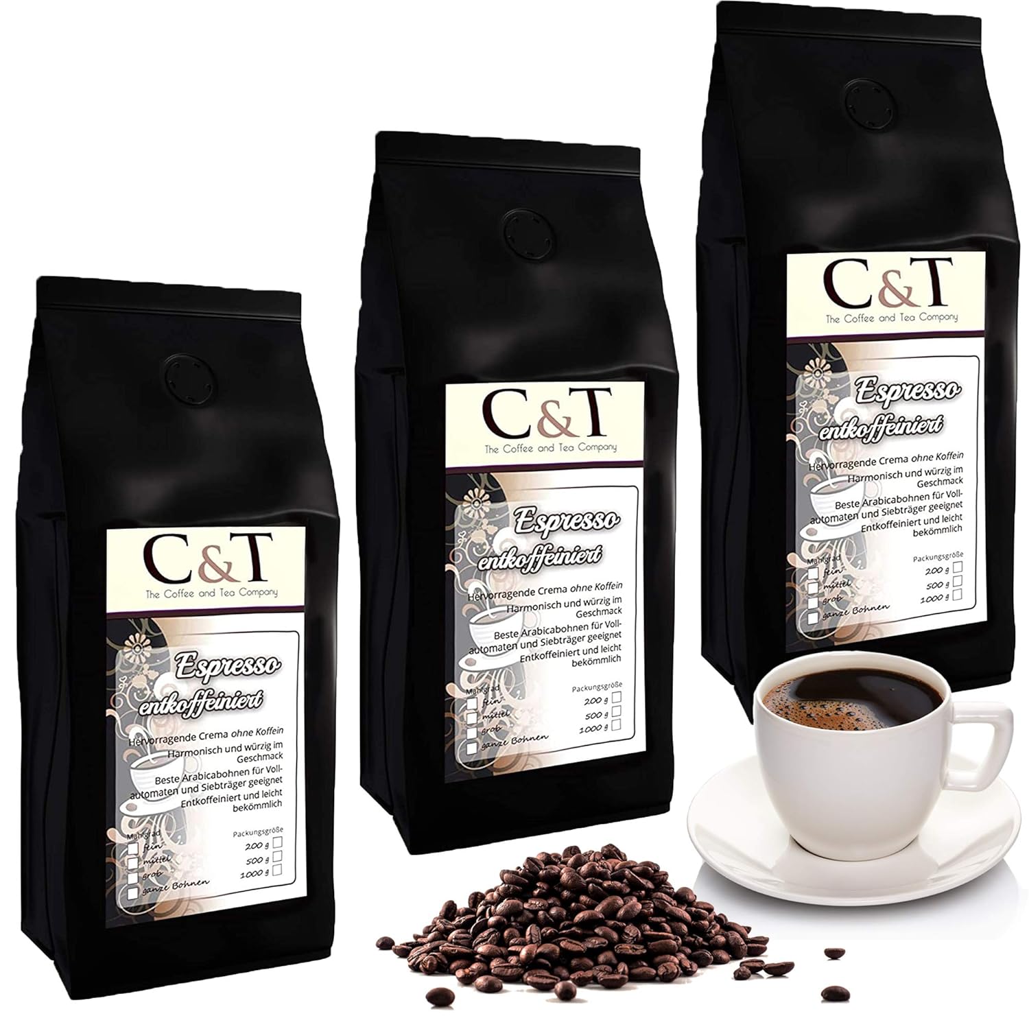 Espresso Cream Decaffeinated Coffee Beans Decaffeinated 3 x 1000 g