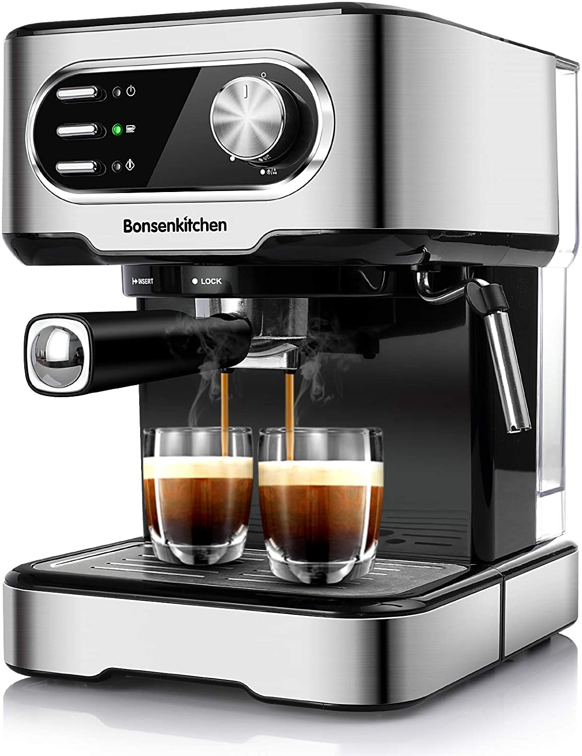 Bonsenkitchen Espresso Machine 15 Bar, for Cappuccino, Latte Macchiato, Espresso, with Removable Water Tank, Milk Steam Nozzle, 2-Cup Function, Stainless Steel, 850 W