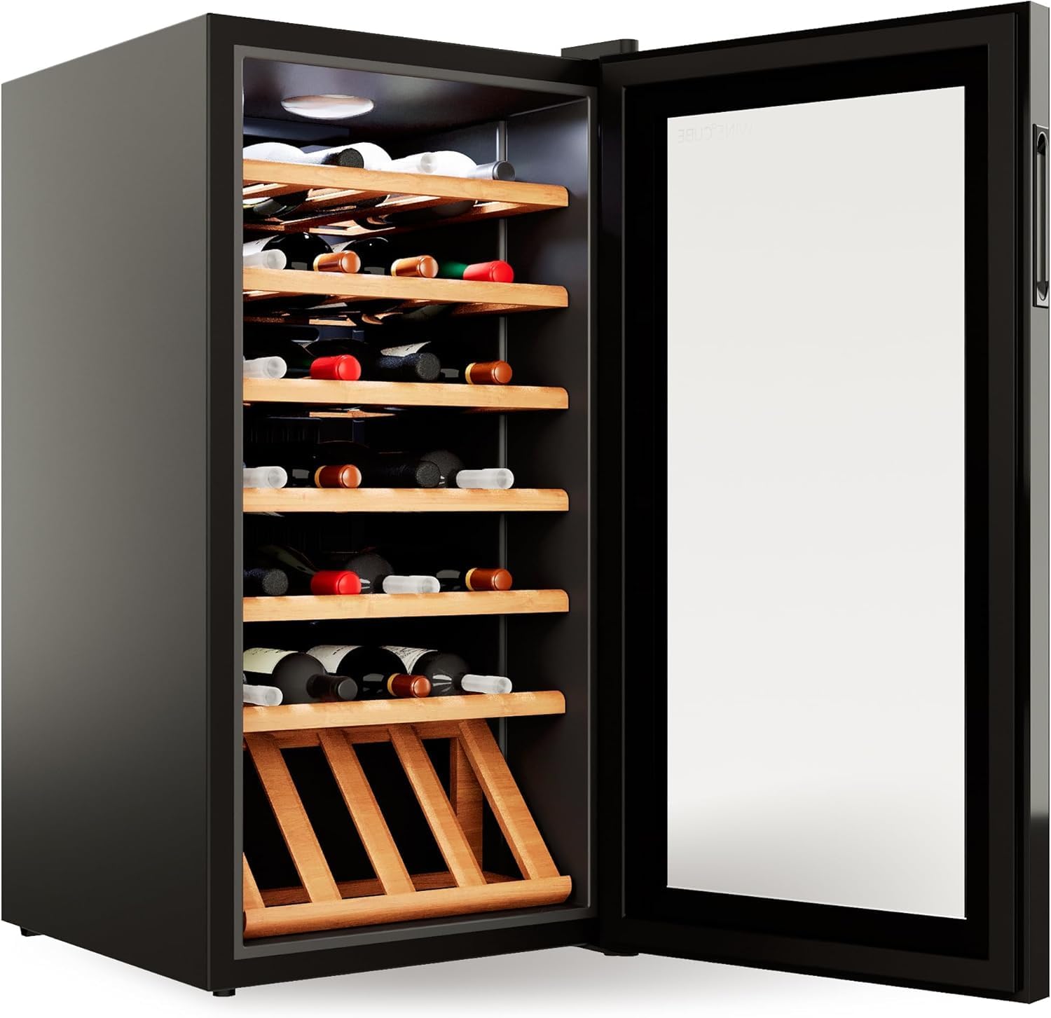 °CUBES Wine Fridge 28 Bottles (90 L) with Elegant Glass Door and High-Quality Beech Wood Shelves 5-18 °C, Low Vibration and Quiet (40 dB) Wine Cabinet with LED Display - Great Gift