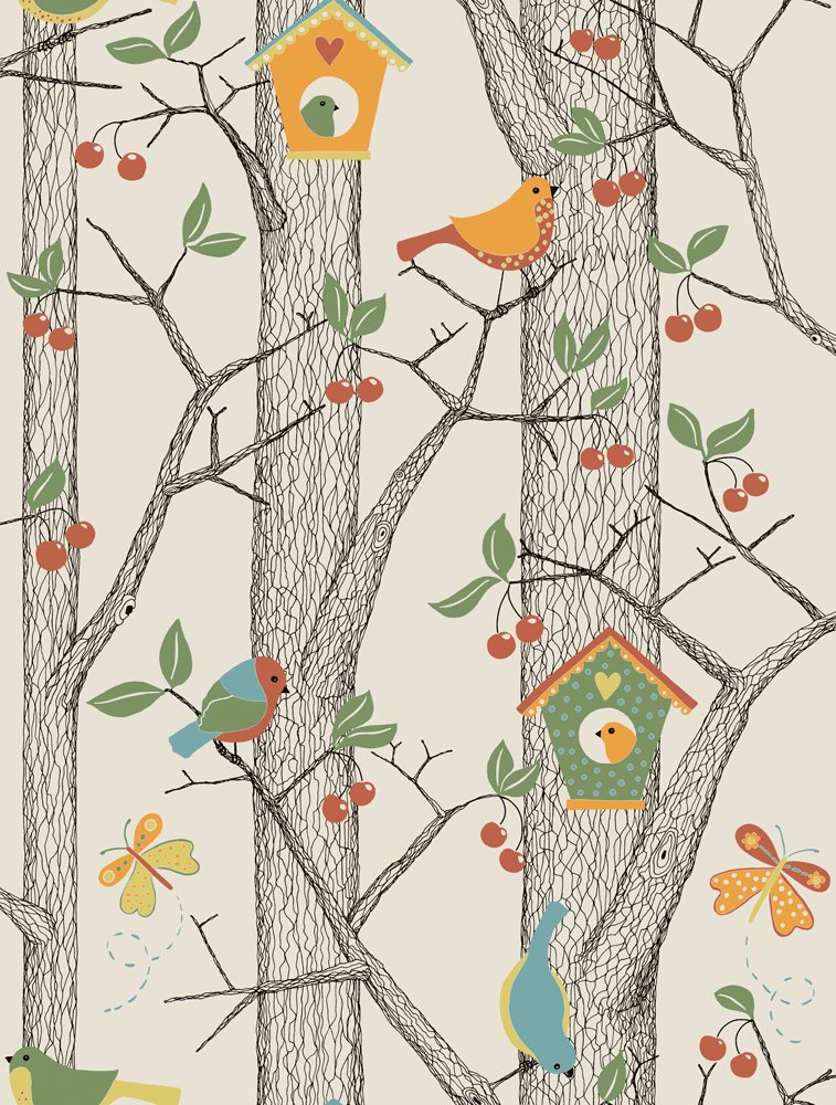 Lilleby 2653 Fleece Wallpaper Cherry Tree With Birds Orange Red Blue