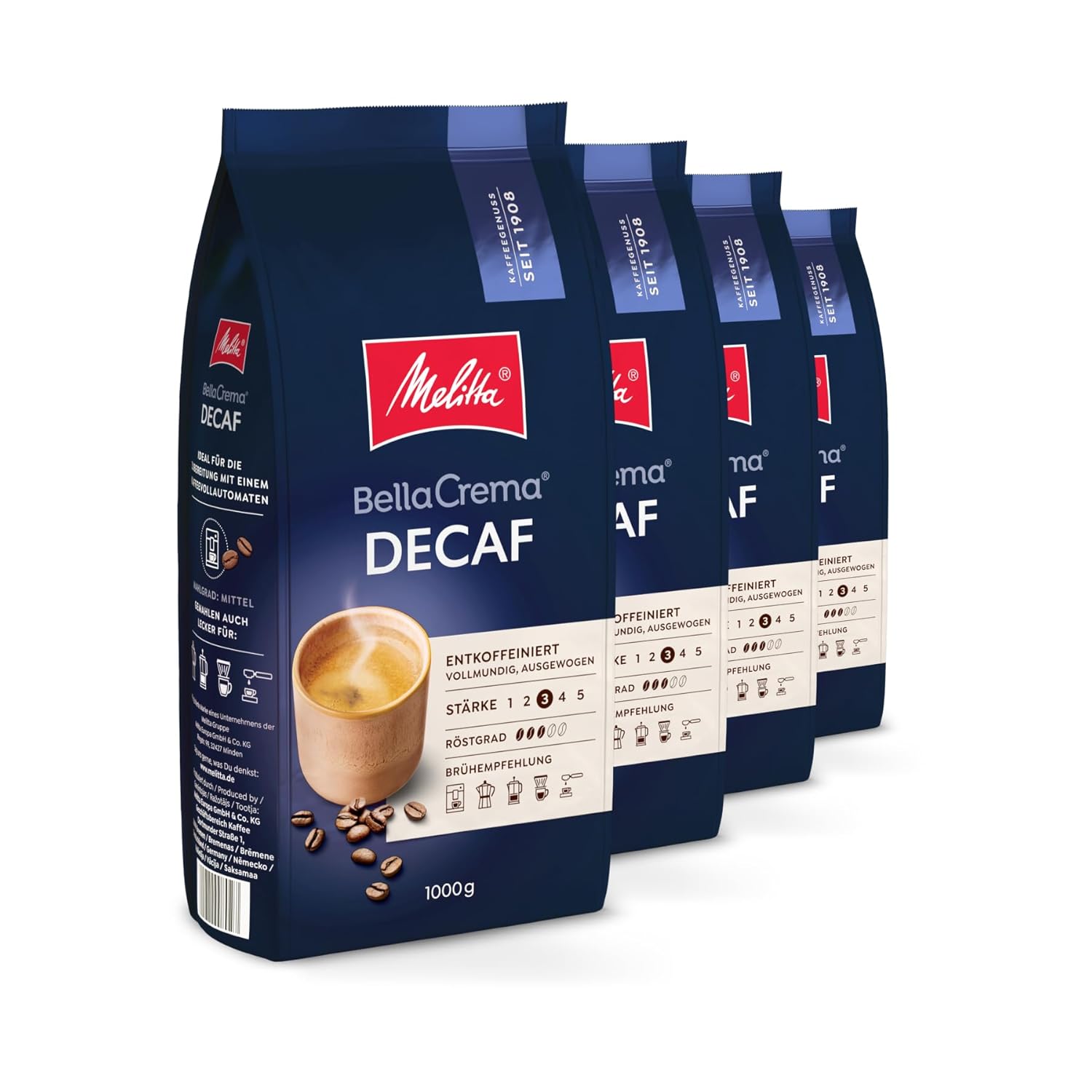 Melitta BellaCrema Decaffeinato Whole Coffee Beans, Decaffeinated, 4 x 1 kg, Unground, Coffee Beans for Fully Automatic Coffee Machines, Caffeine-Free, Mild Roast, Roasted in Germany, Strength 3