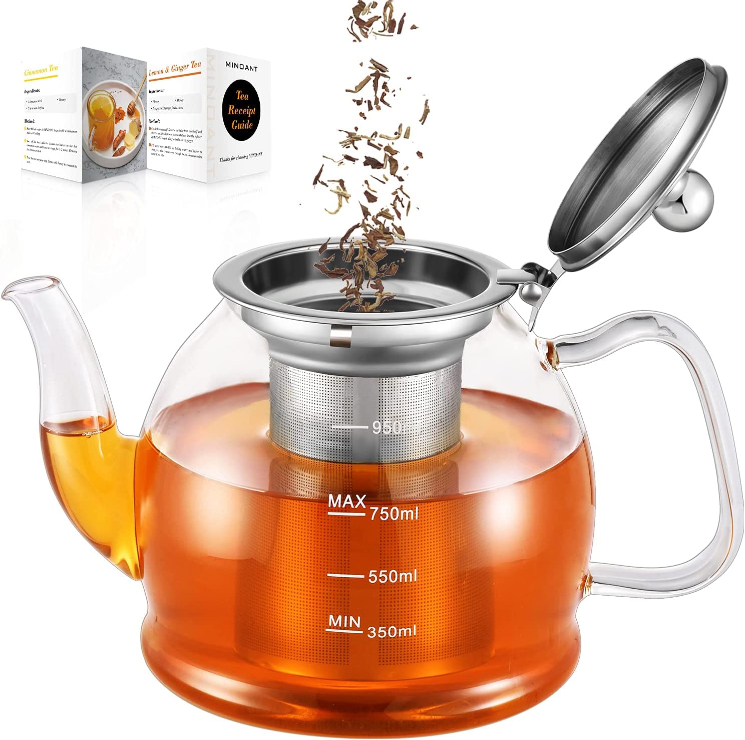 MINO ANT Glass Teapot 1000 ml Teapot with Strainer Insert, Borosilicate Glass Tea Service, Glass Teapot with Strainer Insert, Teapot with Strainer, Tea Infuser for Loose Leaves Teapot - Dishwasher Safe