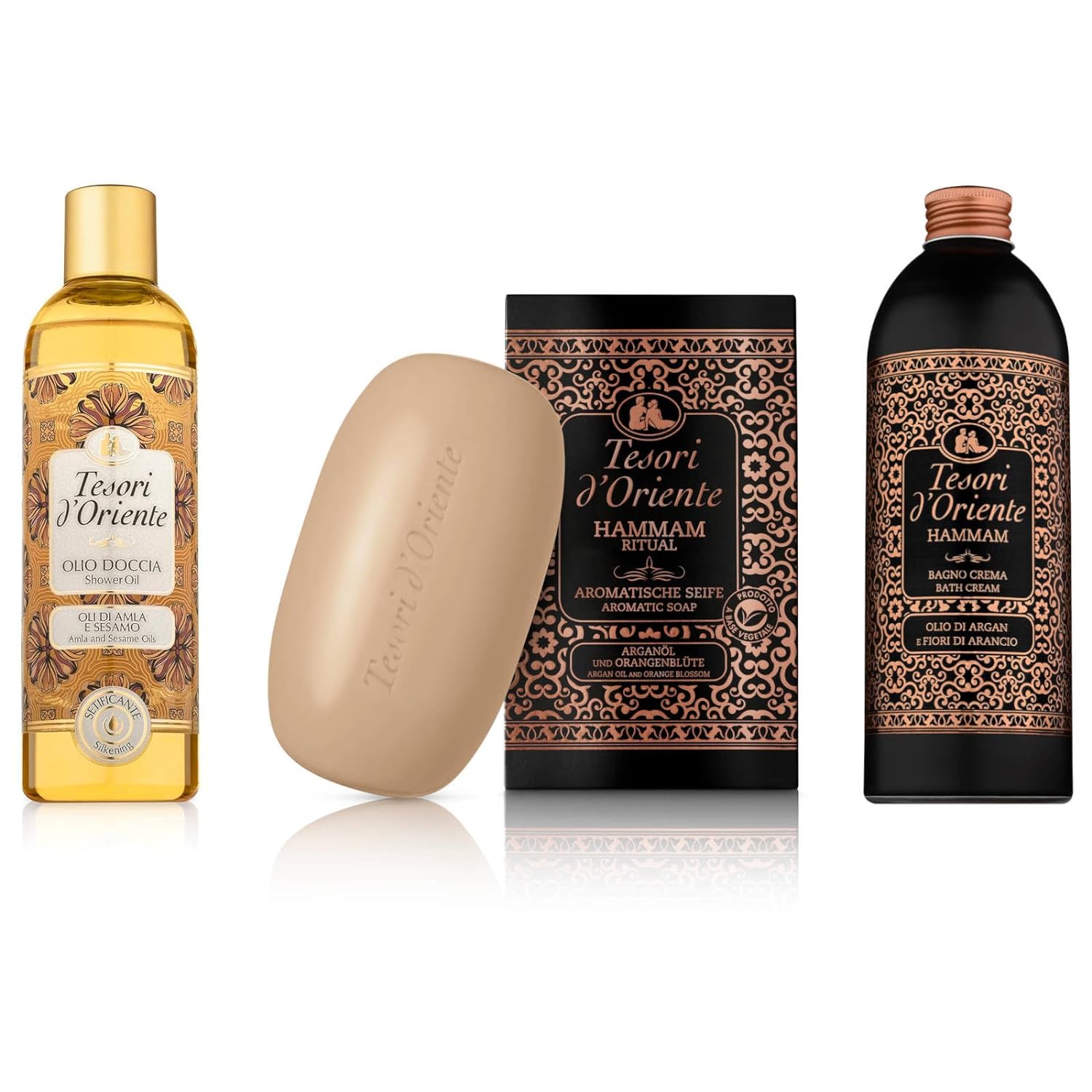 Tesori d'Oriente TESORI DORIENTE Bath Variety Shower Oil + Hammam Solid Soap + Bath Additive Hammam - Wellness Rituals for Body and Senses, Aromatic Shower Oil, Aromatic Hand Soap & Aromatic Bath