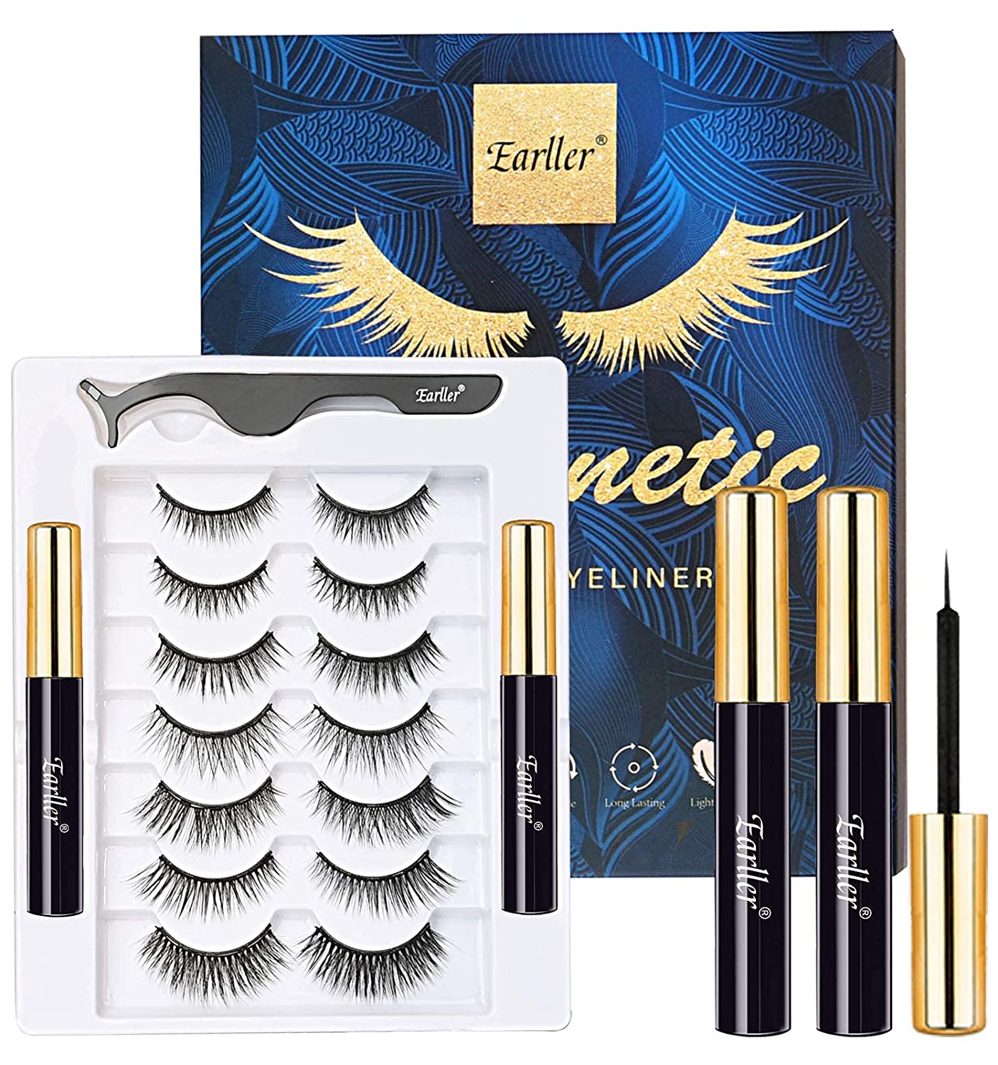 EYEKESHE 7 Pairs of Magnetic Eyelashes, Natural Look, Dramatic, with Eyeliner and Tweezers, Waterproof, Reusable, A Variety of Styles, Suitable for Different Occasions, verpackung wimpern-blaue magnetische paar