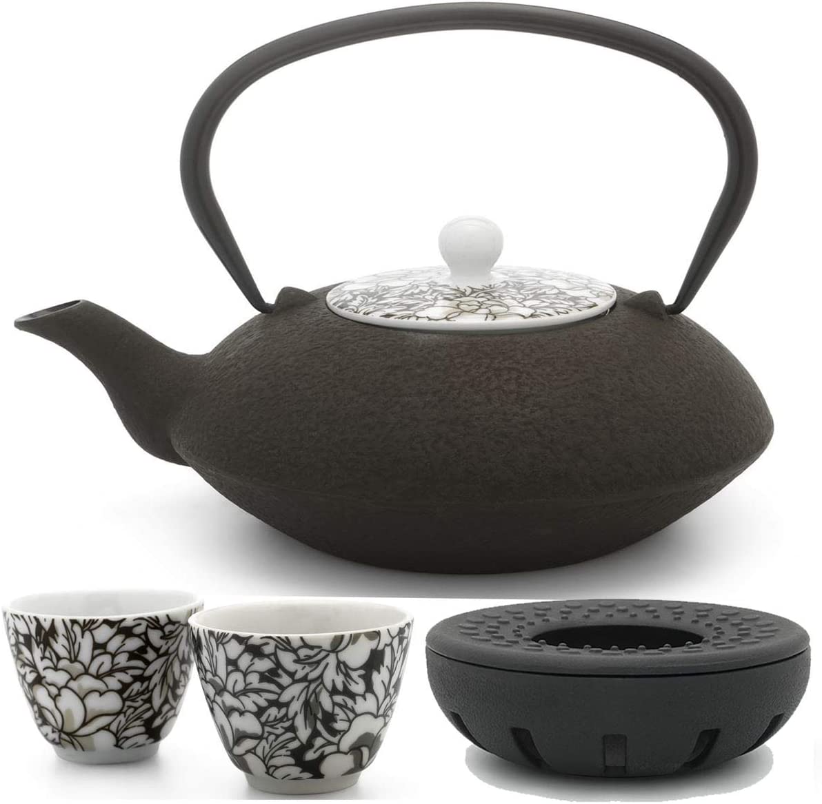 Bredemeijer Asian Cast Iron Teapot Set Brown 1.2 Litres with Tea Filter Strainer and Cast Iron Teapot Warmer Including Tea Cup Porcelain