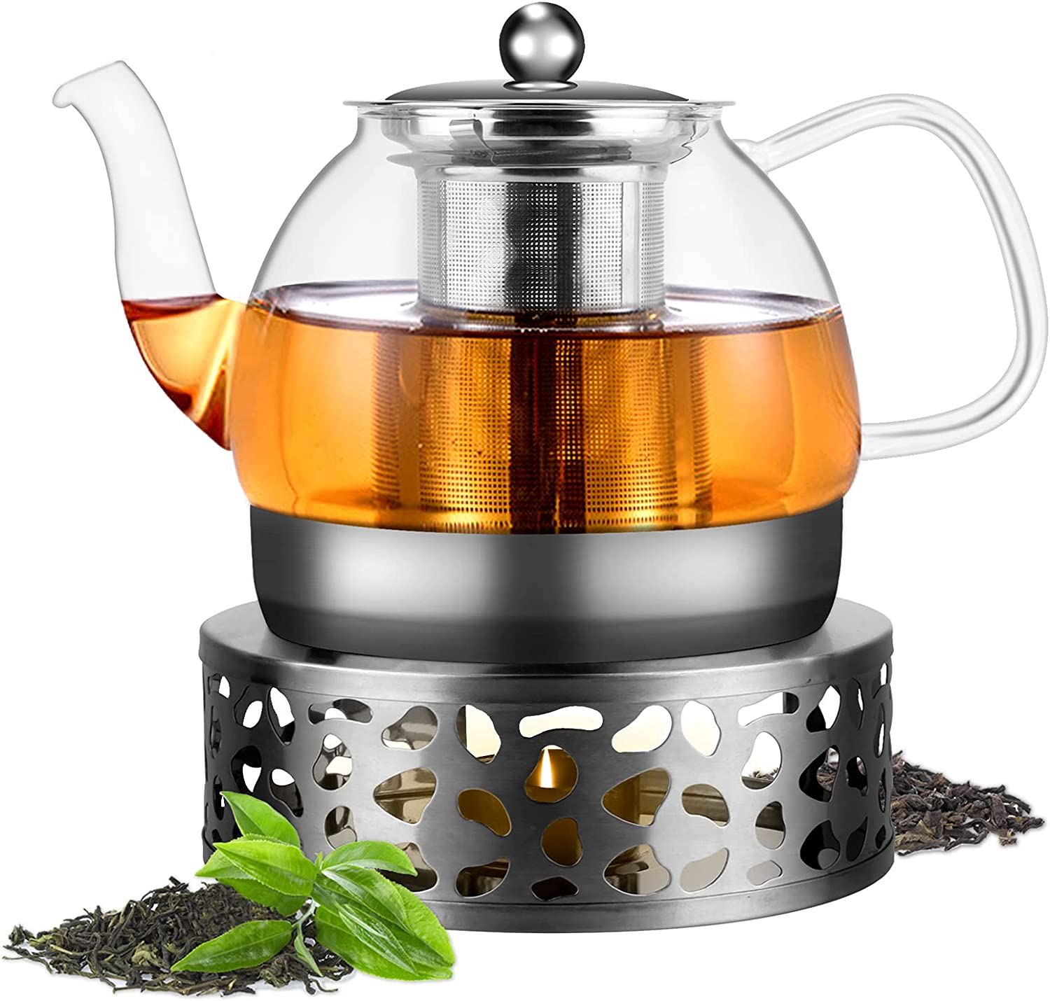 Mture Teapot with Warmer Set, 1200 ml Tea Maker, Borosilicate Glass, Tea Service and Tea Cosyer, Teapot Suit with Stainless Steel Strainer Insert for Black Tea Green Tea Fruit Tea Scented Tea