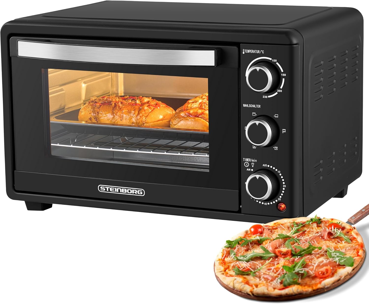 Steinborg Mini Oven with Convection Air 25 Liters Electric Pizza Oven Mini Oven Mini Oven Mini Oven 3-in-1 Oven Crumb Tray Top/Bottom Heat Energy Saving 100-230°C 60 min Timer