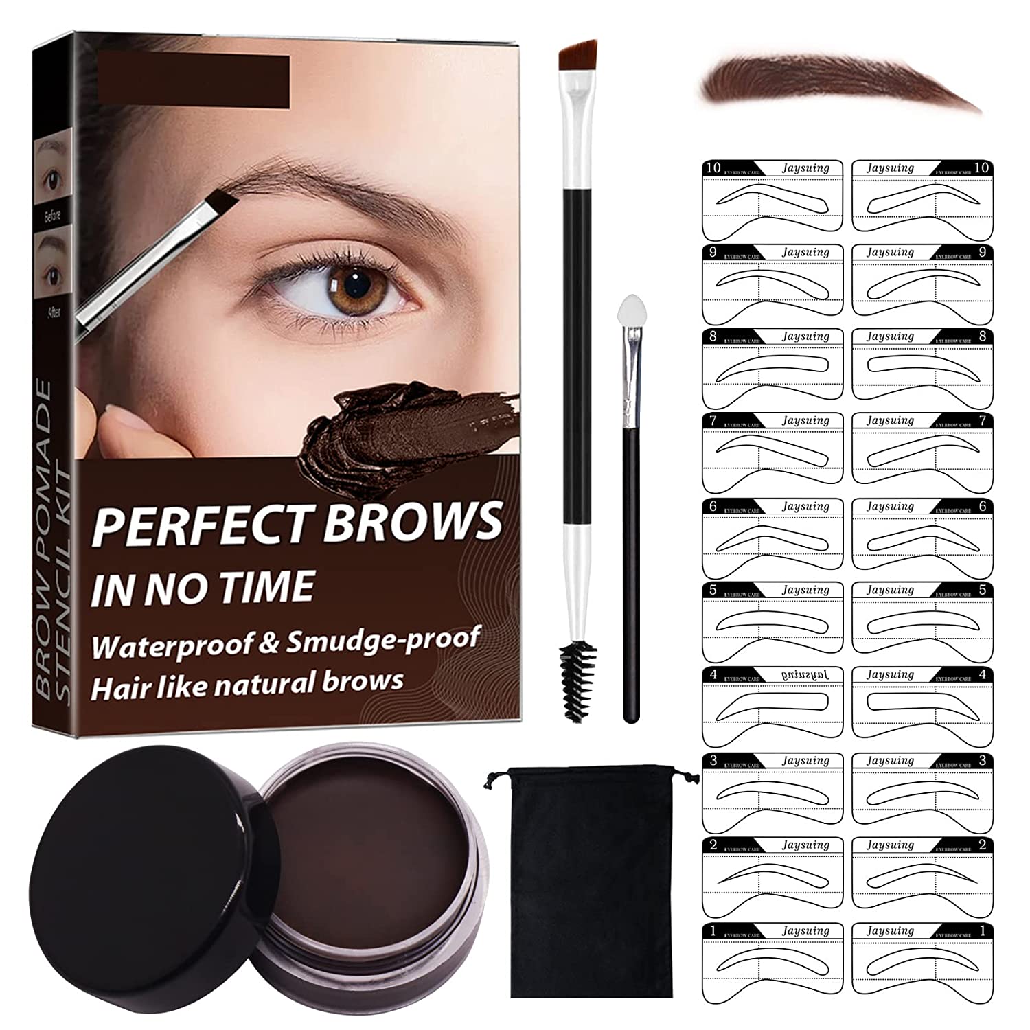 KUIRUNRX Eyebrow Stamp Stencil Set, Eyebrow Cream, Eyebrow Stamp Set, 20 Reusable Eyebrow Templates, 2 Eyebrow Brushes, for Beginners Eyebrow Pencil Set (Dark Brown), ‎dark brown