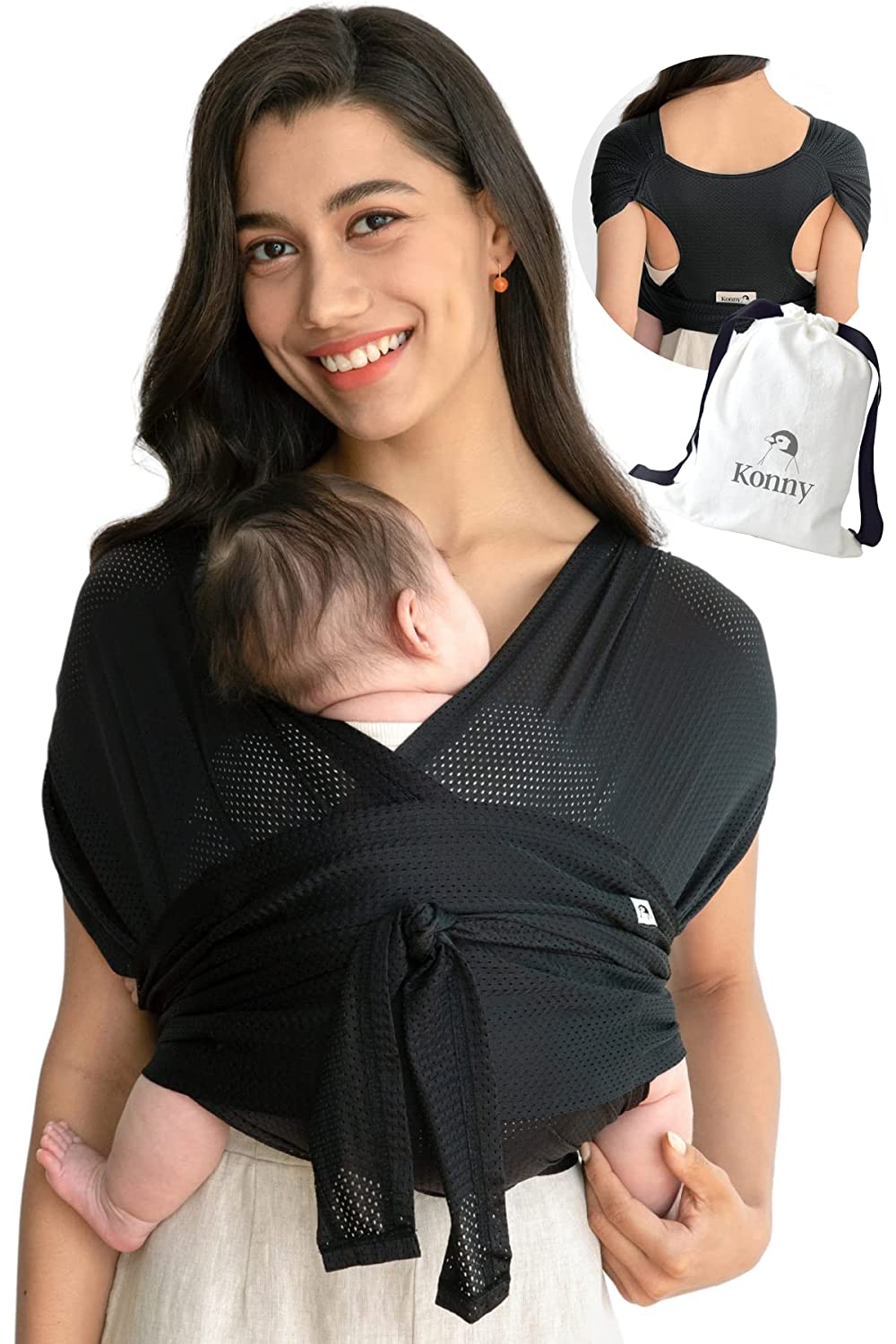 Konny Air Mesh Baby Carrier | Ultra Lightweight, Hassle-Free Baby Wrap | Newborns, Infants up to 20 kg Toddlers | Cool and Breathable Fabric | Useful Sleep Solution (Black, XL)
