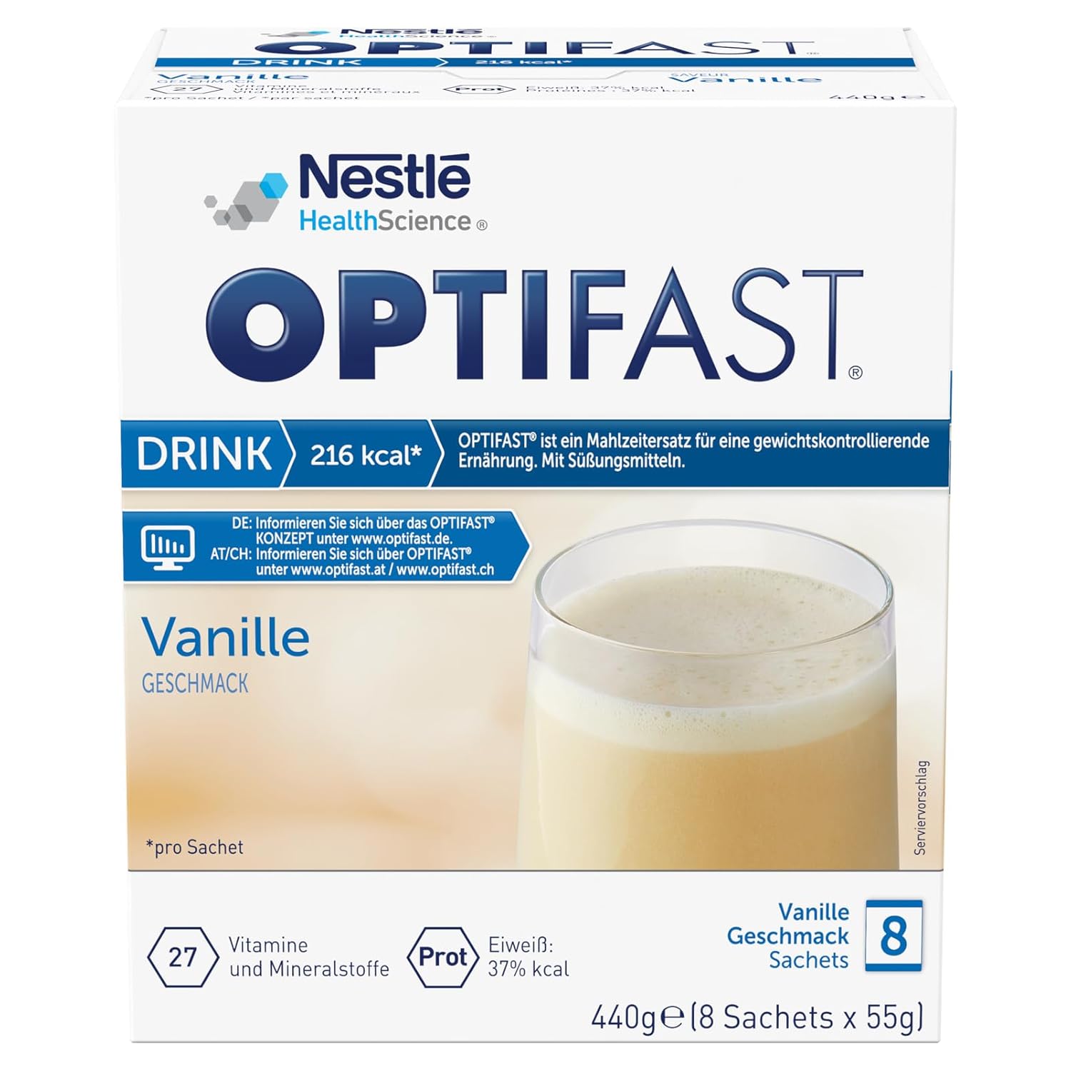 OPTIFAST® Diet Shake Vanilla for Weight Loss, Protein-Rich Meal Replacement with Important Vitamins and Minerals, Quick Prepared and Delicious in Flavor, 8 x 55 g