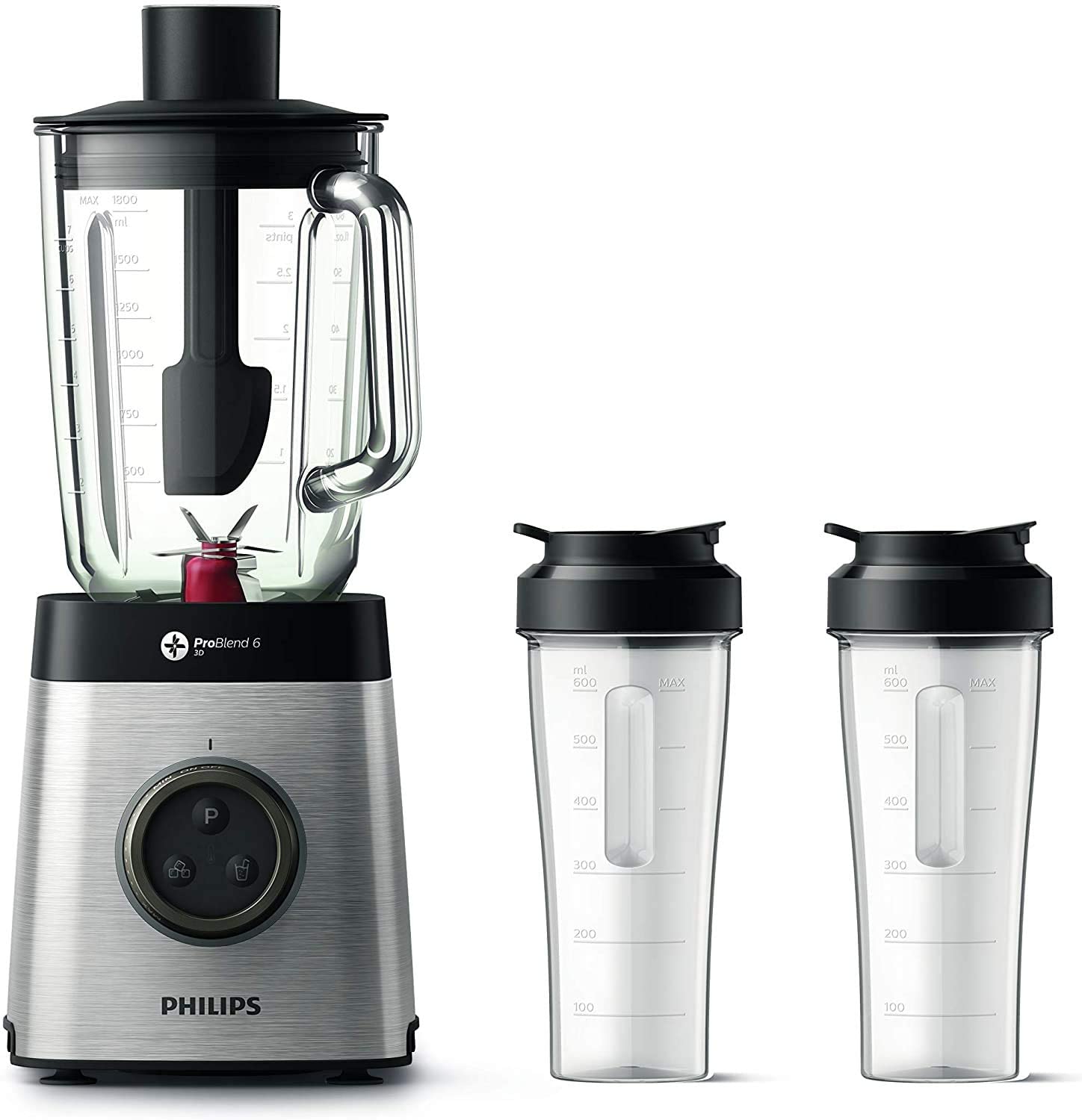 Philips HR3655/00 Blender (1400 Watt, ProBlend 6 3D Technology, 2 Litre Glass Container, 2 x Drinking Cups, Dishwasher Safe) Stainless Steel