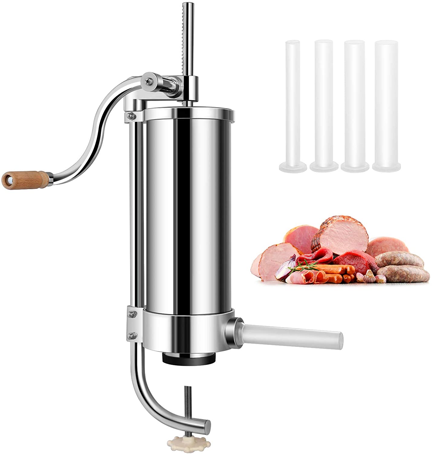 GOPLUS Sausage Filler Made of Stainless Steel, Sausage Filling Machine, Manual, Sausage Press with 4 Different Filling Tubes, Sausage Syringe with Attachment Clip, Easy to Use and Easy to Clean (3.6 L)