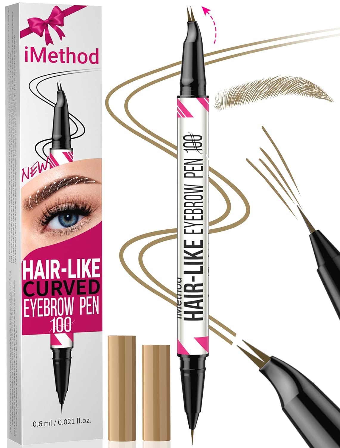 iMethod Curved Microblading Eyebrow Pencil - Eyebrow Pencil 2-in-1 Dual-Ended Eyebrow Pencil, Eyebrow Pen with Curved Tip & Precise Brush Tip Creates Natural Eyebrows, Light Brown