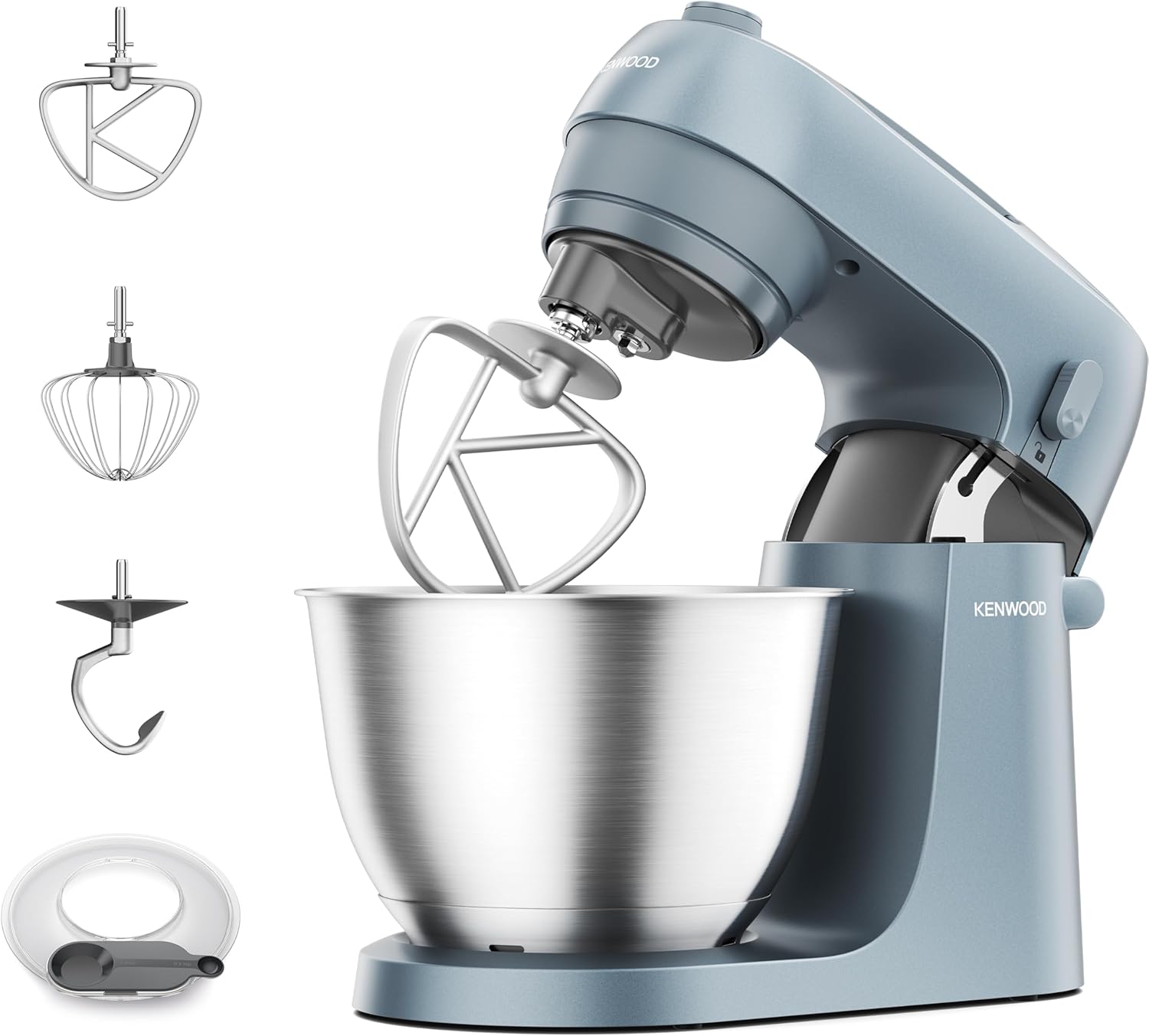 Kenwood Go Food Processor KZM35.000GY Space Saving Including 4 Liter Bowl, K-Hook, Balloon Whisk, Dough Hook, Splash Guard & Measuring Spoon, Metal Housing with Carry Handle, 800 W, Blue