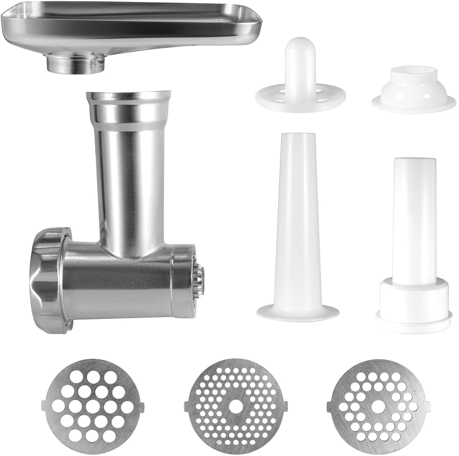 Metal Food Grinder Attachment for OSTBA Stand Mixer, Meat Grinder Attachment Comes with 2 Sausage Stuffer Tubes, 3 Sanding Plates, 3 Sanding Blades, Silver Food Processor