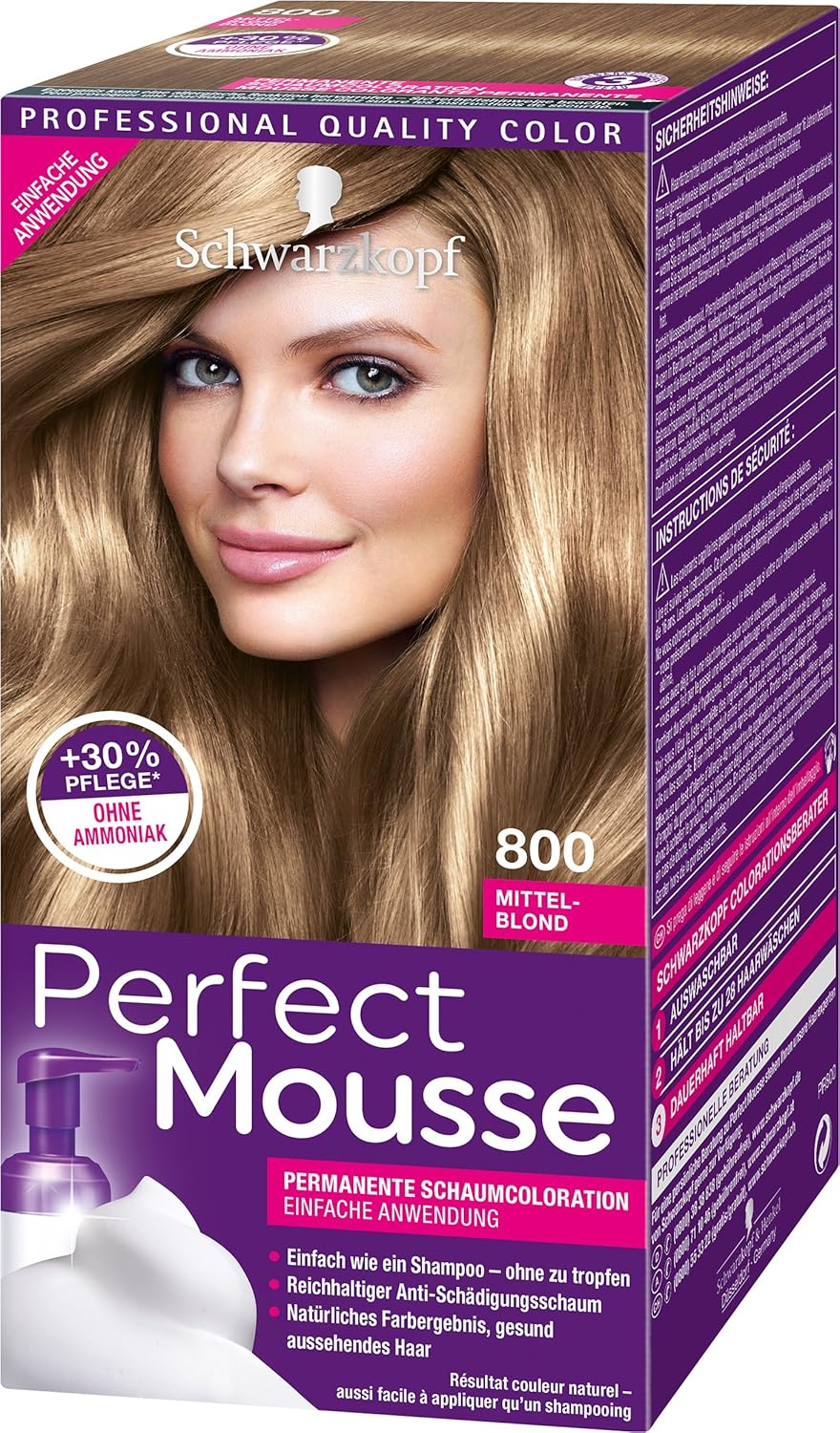 Schwarzkopf Perfect Mousse Permanent Foam Color, 800 Medium Blonde Level 3, Pack of 3 (3 x 93 ml)
