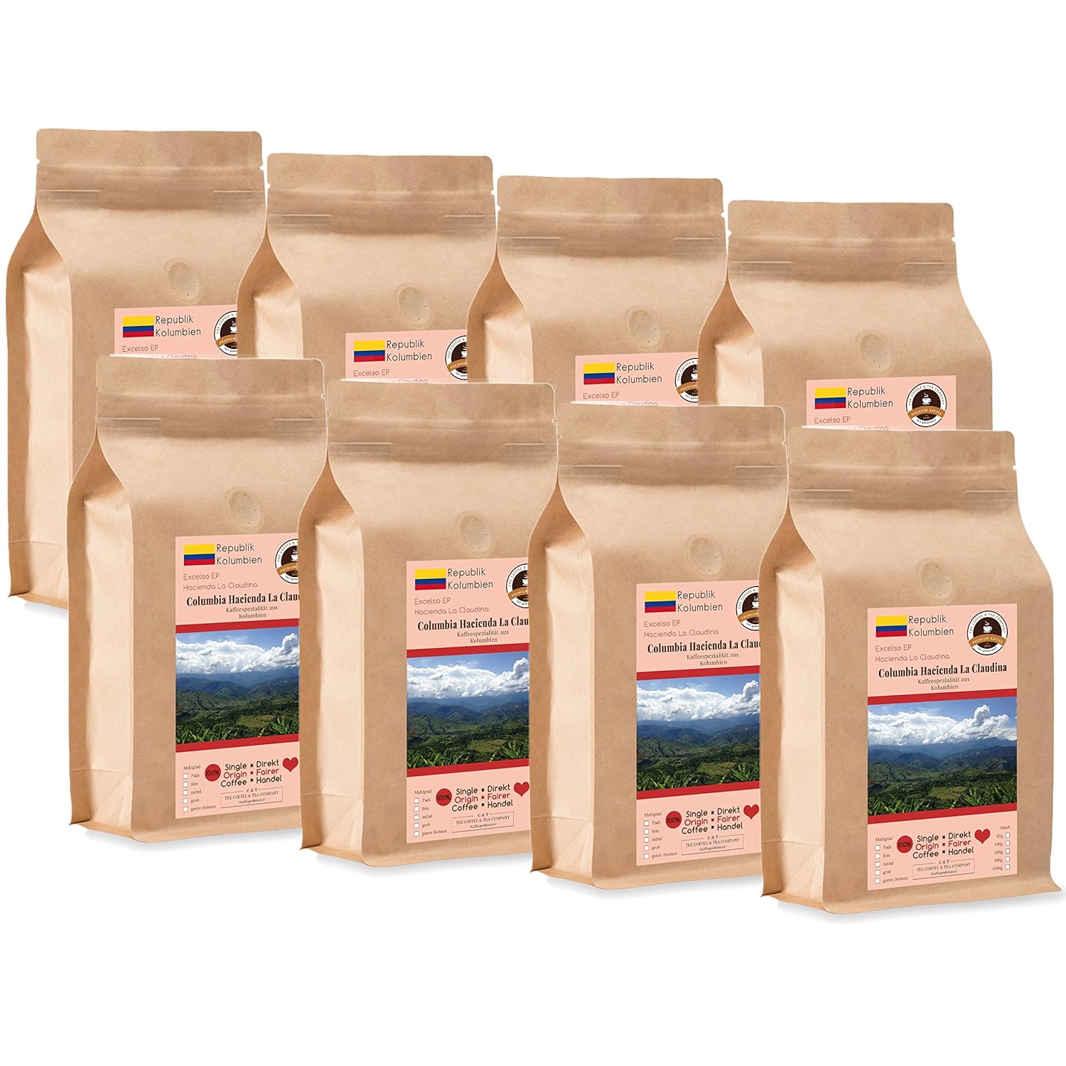 Coffee Globetrotter - Coffee with Heart - Colombia Hacienda La Claudina - 8 x 1000 g Whole Bean - for Fully Automatic Coffee Grinder - Roasted Coffee Fair Trade | Gastropack Economy Pack
