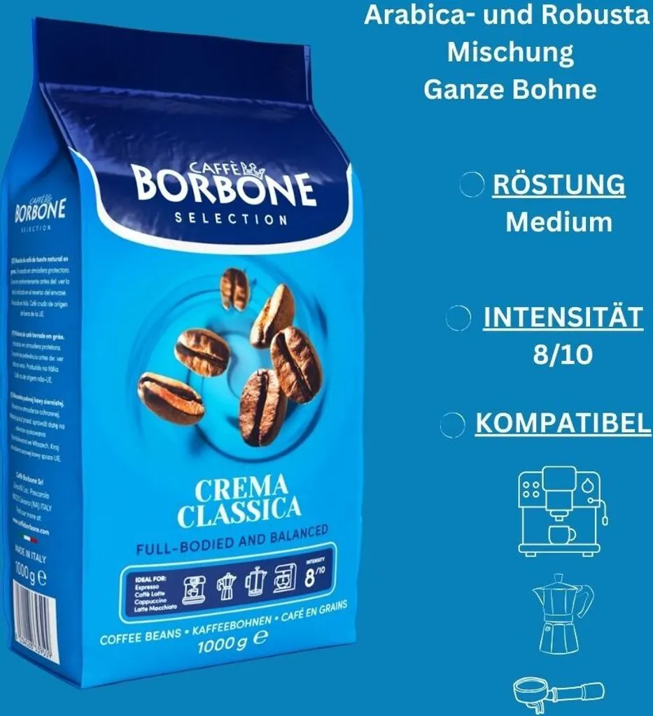 Caffé Borbone Selection Crema Classica 1kg | Whole coffee beans 50% Arabica-50% Robusta beans | Fully automatic and portafilter machines