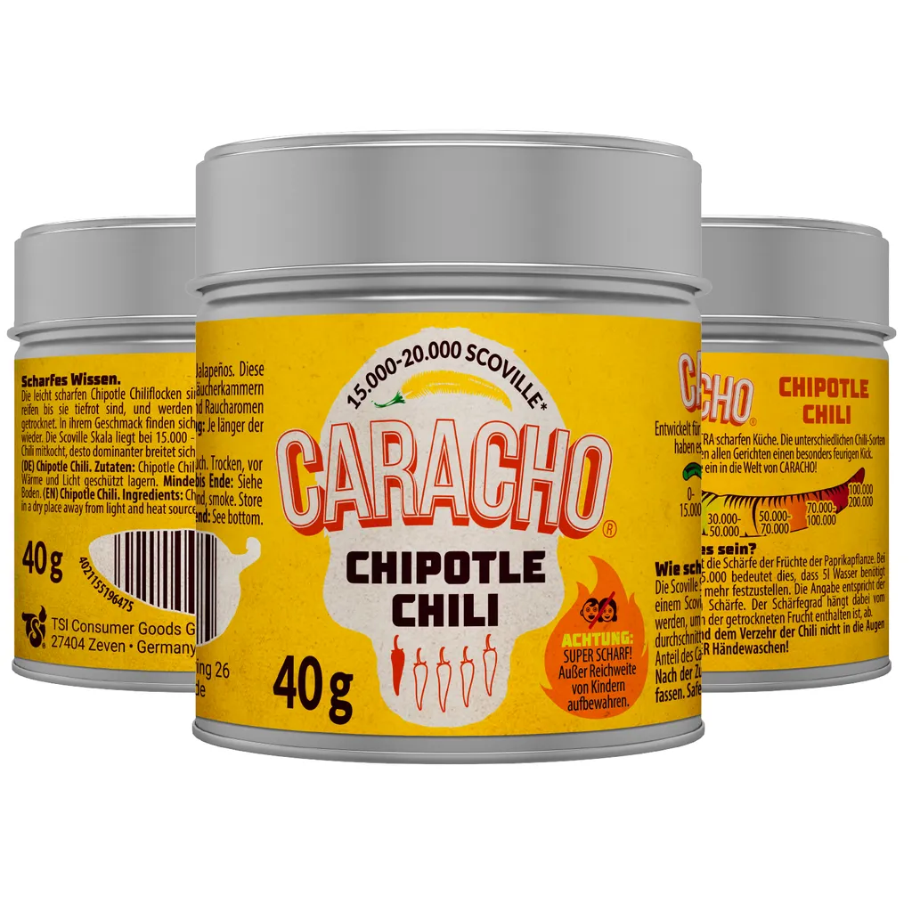 CARACHO 10-pack x 40g Chili Chipotle Chili Flakes crushed - Premium 100% Hot Chili Powder in Metal Spice Tin/Scoville: 15,000-20,000 / Chili Specialty