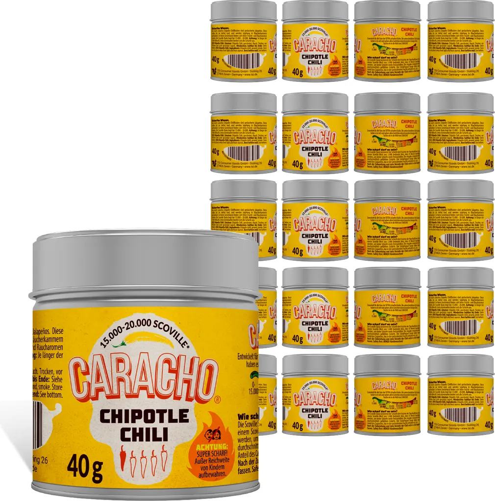 CARACHO 20-pack x 40g Chili Chipotle Chili Flakes crushed - Premium 100% hot chili powder in a metal spice tin/Scoville: 15,000-20,000 / Value pack