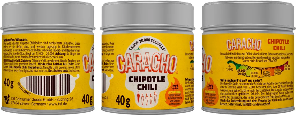 CARACHO 3-pack x 40g Chili Chipotle Chili Flakes crushed - Premium 100% Hot Chili Powder in Metal Spice Tin/Scoville: 15,000-20,000 / Chili Specialty