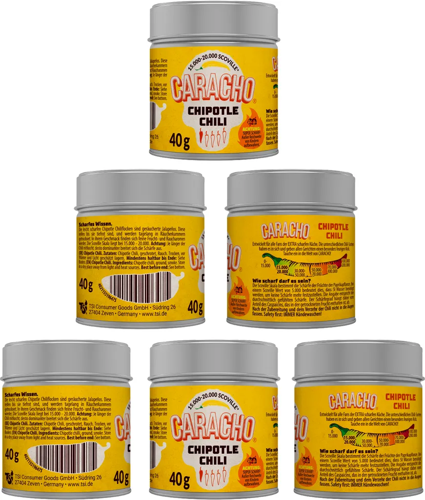 CARACHO 5-pack x 40g Chili Chipotle Chili Flakes crushed - Premium 100% Hot Chili Powder in Metal Spice Tin/Scoville: 15,000-20,000 / Chili Specialty