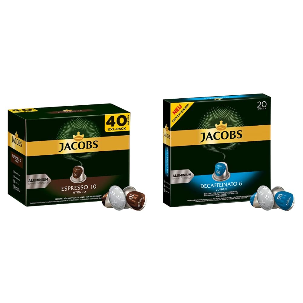 Jacobs Espresso Intico Coffee Capsules (for short time only) Mega Pack XXL, Intensity 10 of 12 & Coffee Capsules Lungo Decaffeinato Intensity 6-200 Nespresso Compatible Capsules, Pack of 10