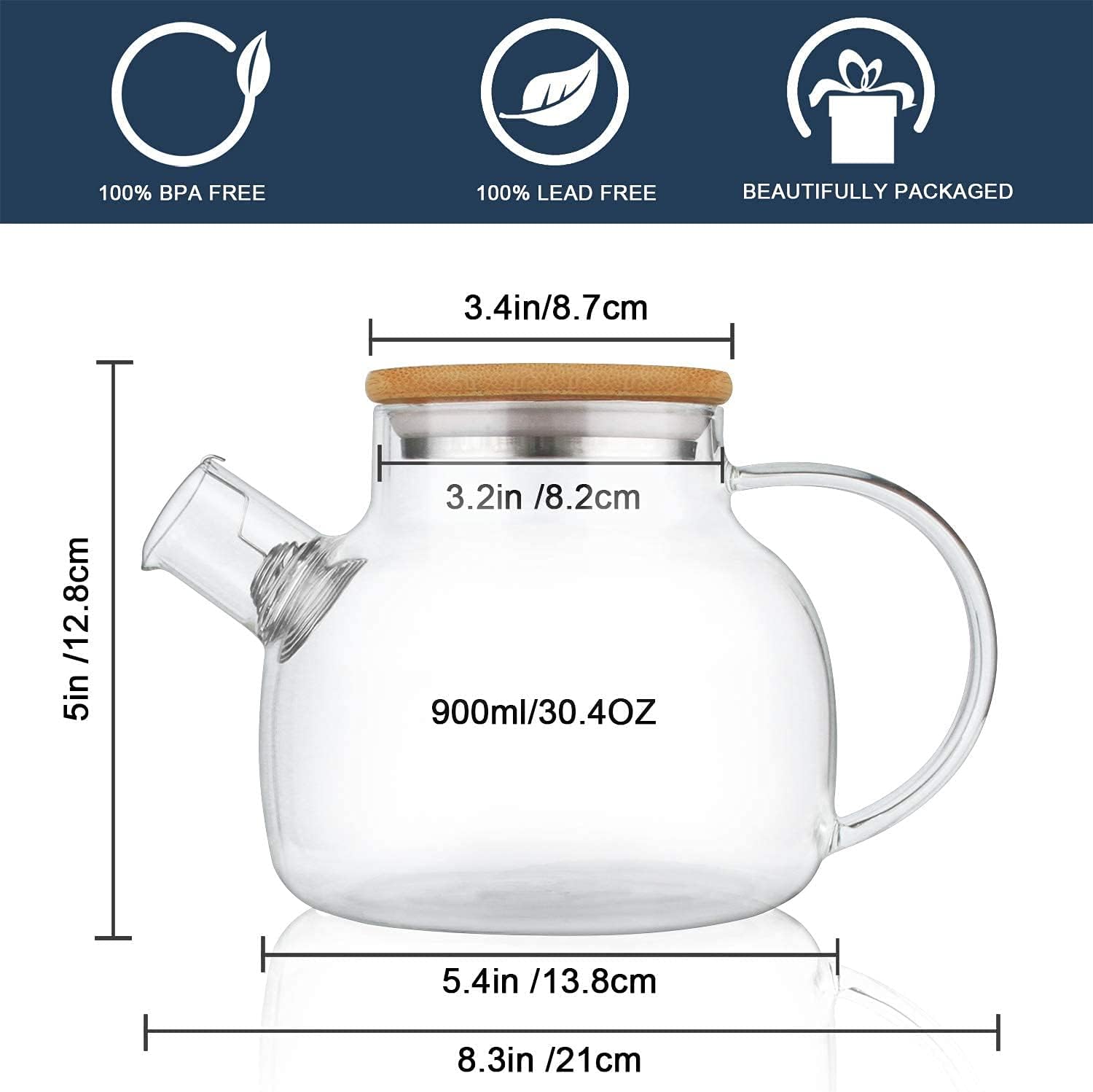 CnGlass Glass Teapot with Bamboo Lid, 900 ml/30.4 oz, Transparent Teapots with Removable Tea Strainer, Stove Top Safe Teapot for Loose Leaves and Blooming Tea, Blooming Tea Gift Set