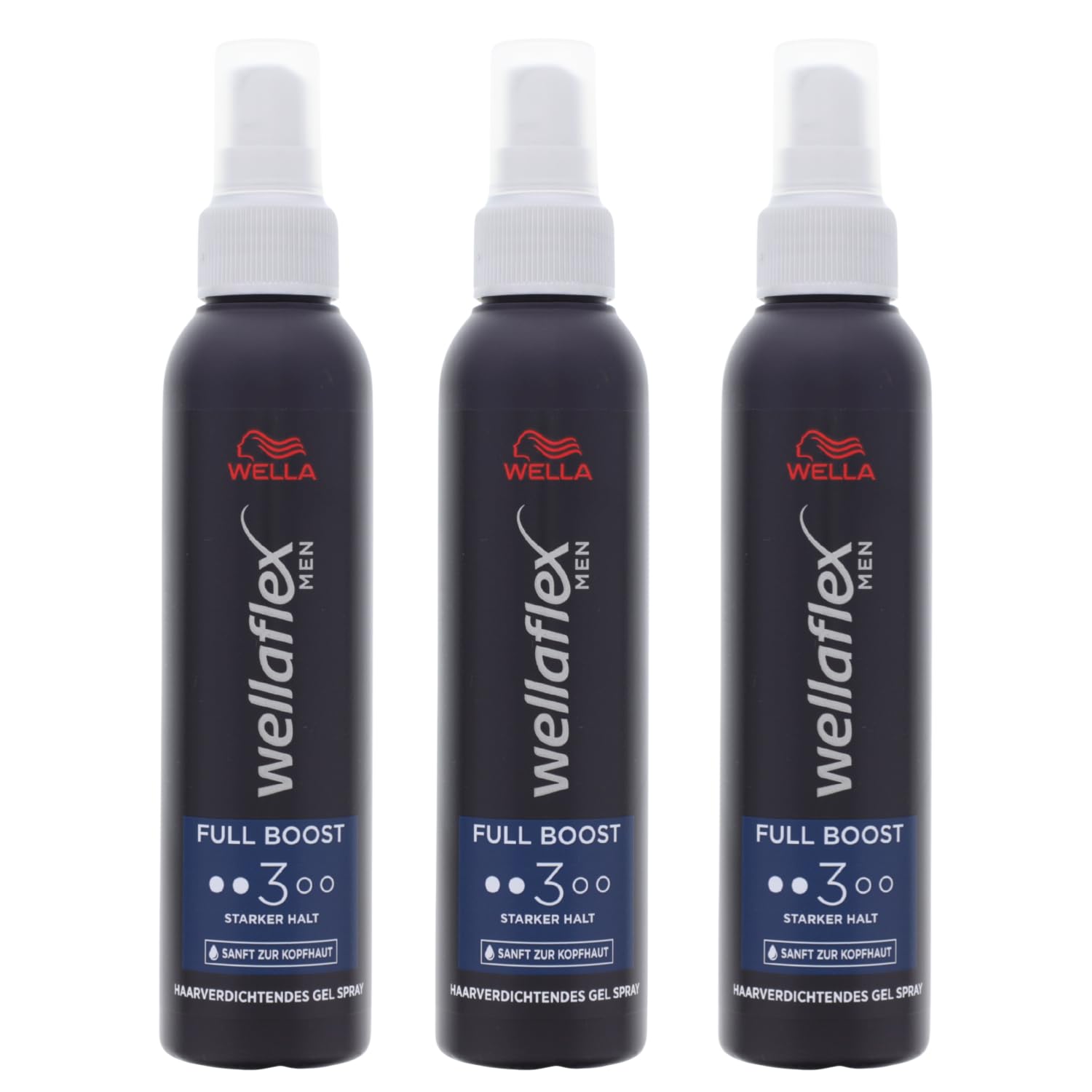 3 x Wellaflex Men Full Boost Hair Thickening Gel Spray Strong Hold 150 ml Each