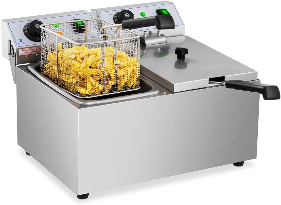Royal Catering RCEF 08DB Electric Fryer (2 x 8 L, 2 x 3,200 W, Temperature Range: 50-200 °C, Cold Zone with Lids)