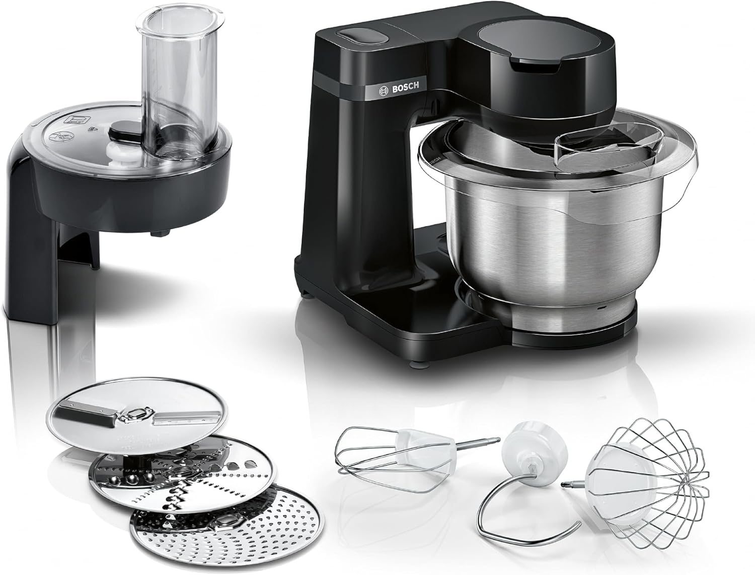 Bosch MUMS2EB01 MUM Series 2 household appliance food processor, stainless steel bowl 3.8 liters, planetary mixer, dough hook, whisk, beater, stainless steel, continuous slicer, 3 discs, 700 watts, black