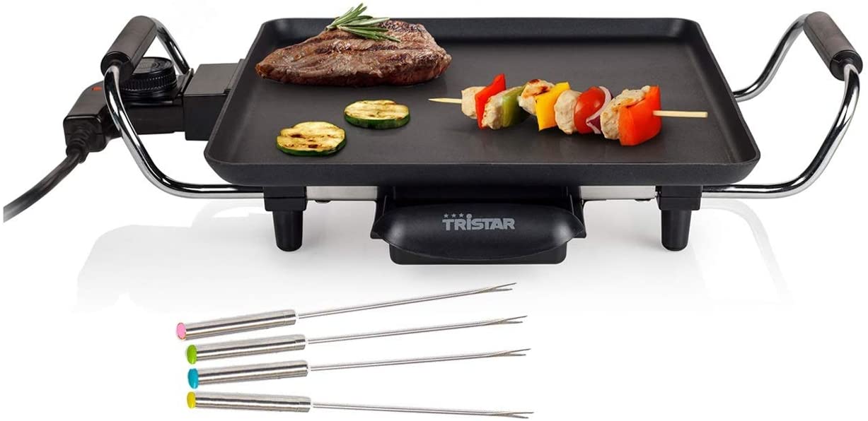 Tristar Table grill with 2 Forks, Teppanyaki Electric Teppanyaki Grill with Removable Drip Tray, 800 Watt, Non-Stick Grill Plate