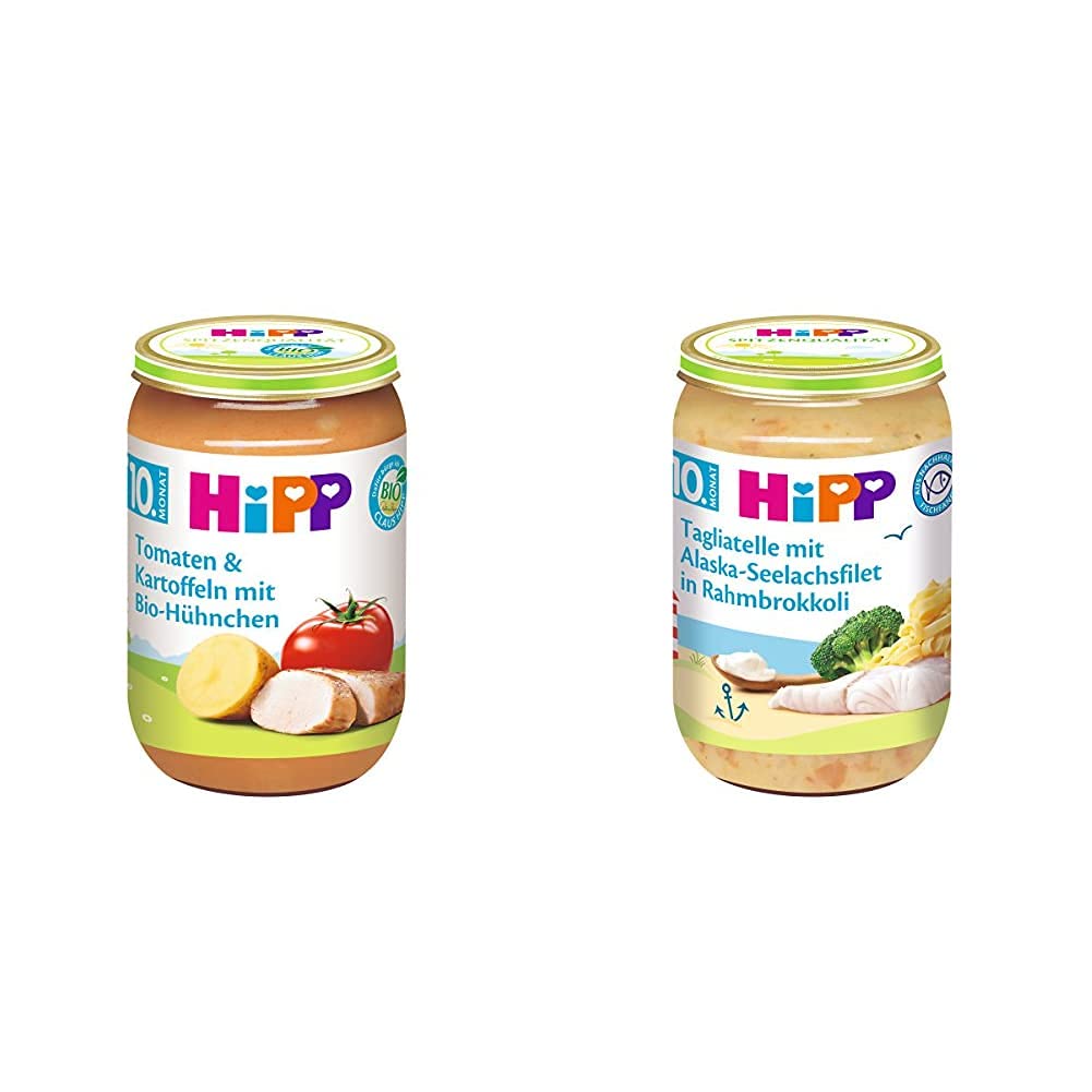 HiPP Tomaten und Kartoffeln mit Bio-Hühnchen, 6er Pack (6 x 220 g) & Tagliatelle mit Alaska-Seelachsfilet in Rahmbrokkoli, 6er Pack (6 x 220 g)