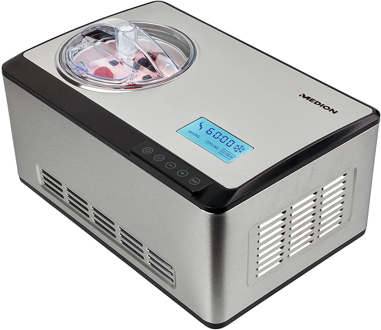 MEDION MD 18883 Self-Cooling Ice Maker with Compressor (2 Litre Ice Cream, Suitable for Frozen Yoghurt Sorbet, 180 Watt, Display, Sensor Touch,