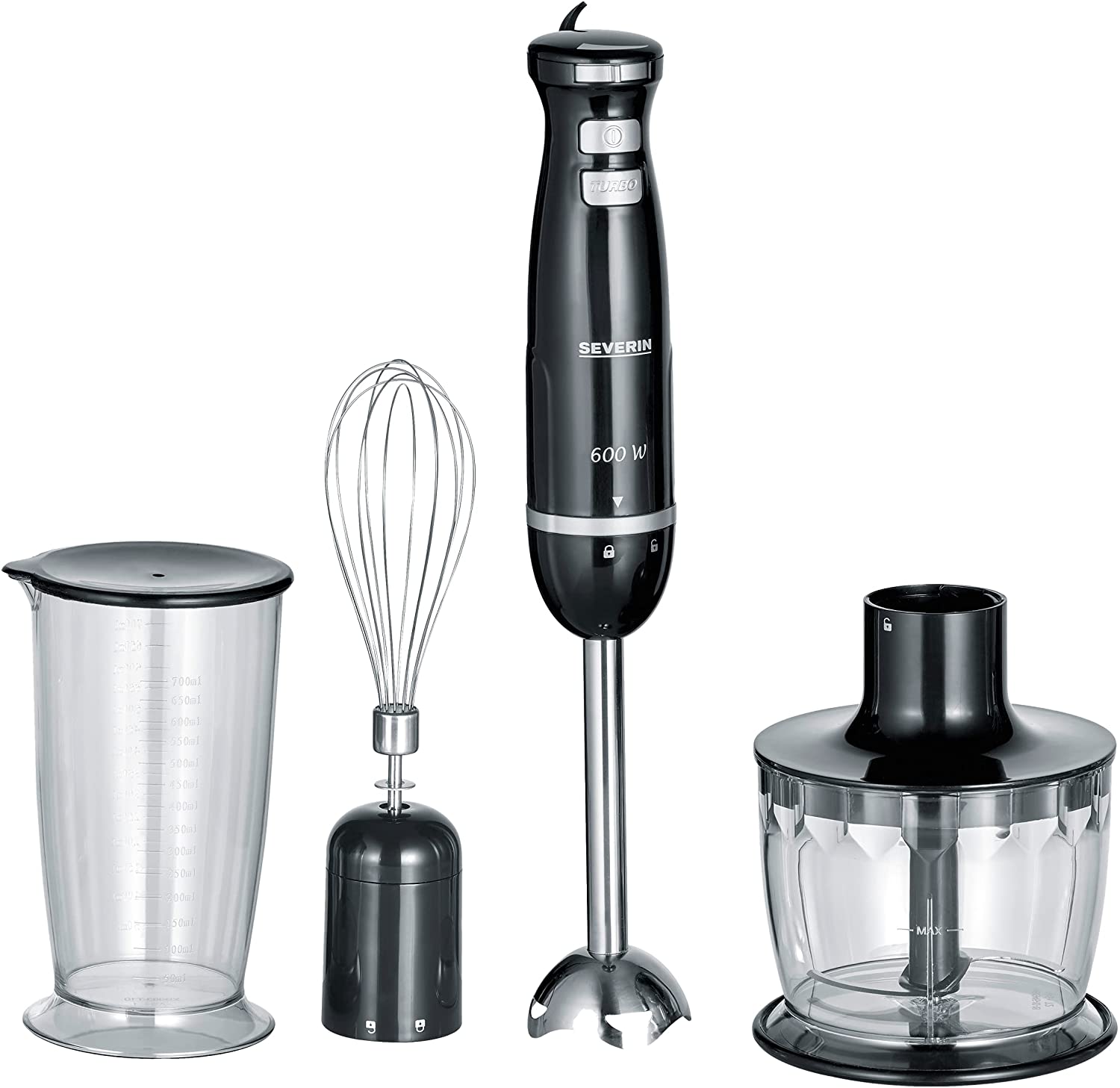 SEVERIN Hand Blender Kit 600W - Includes Mixing Cup with Lid, Whisk, Wall Mount, SM 3793, Stainless Steel/Black