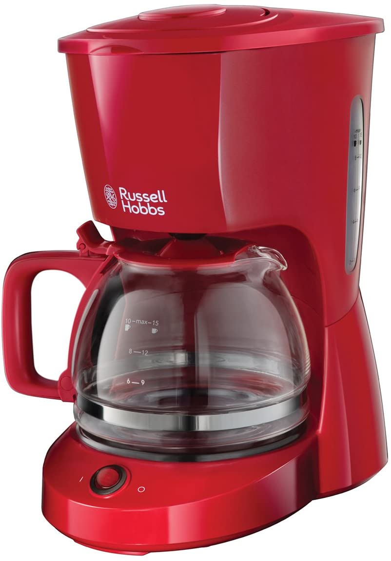 Russell Hobbs Coffee Machine Textures Red, up to 10 Cups, 1.25 L Glass Jug, Automatic Shut-Off, Water Level Indicator, Warming Plate, Automatic Shut-Off, Drip Stop, 975 W, Filter Coffee Machine 22611-56