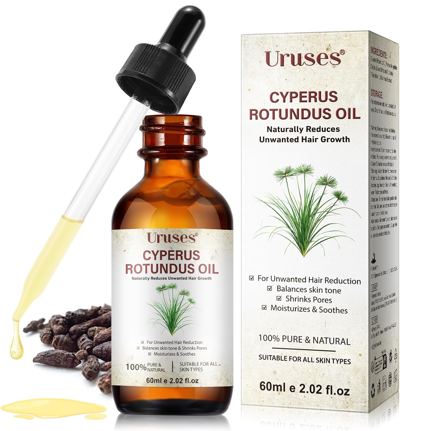 Cyperus Rotundus Oil, Cyperus Rotundus Hair Removal Oil 60 ml - Repairs with Peptides, Reduces Hair Growth & Refines Pores | Natural DHT Blocker for Smooth Skin | Safe for Face & Body