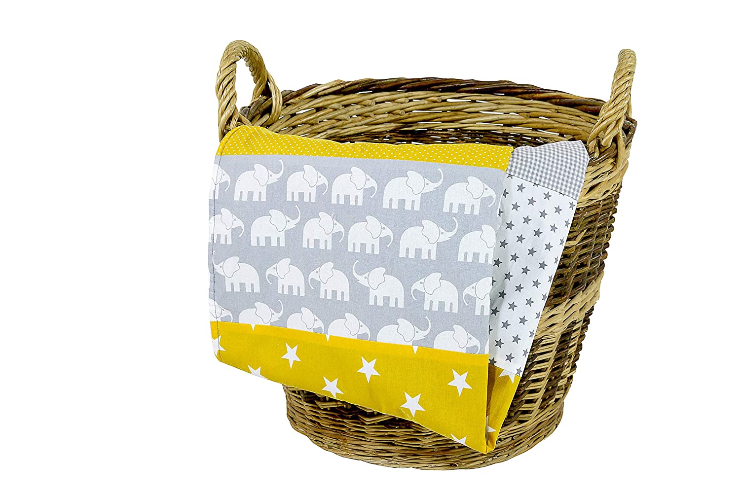 ULLENBOOM® Baby Blanket made of ÖkoTex Cotton and Fleece, Ideal as a Pram Blanket or Play Blanket, 70 x 100 cm & 100 x 140 cm and Made in the EU, Design: Stars, Dots, Patchwork 70 x 100 cm Elephant yellow