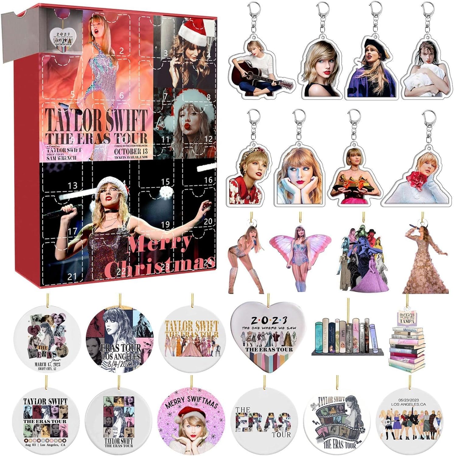 Fans Gift Box Set Christmas Countdown Advent Calendar, 24 Pieces Acrylic Pendants & Key Chains, Charms, Collectible for Children, Christmas Advent Calendar 2023 (Taylor Swift D)