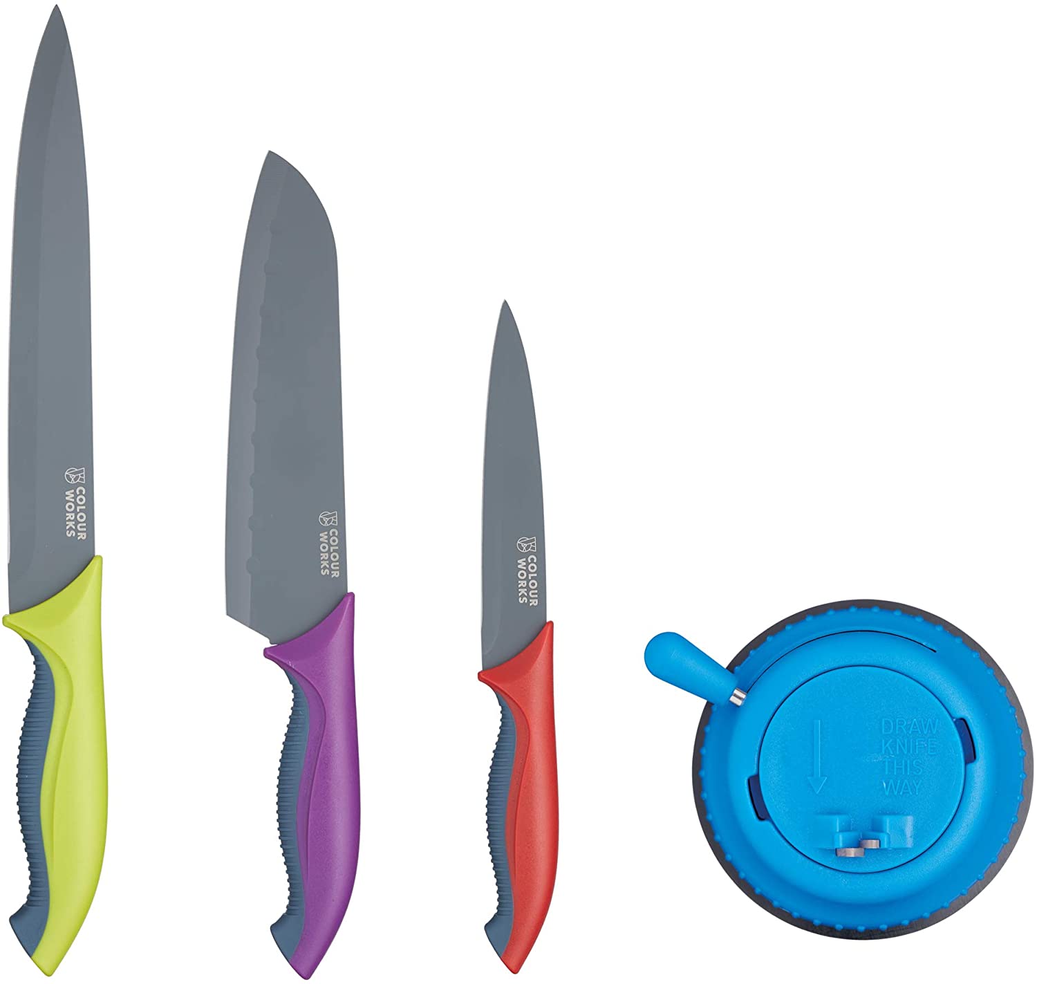 Colourworks Kitchen Knife Set with Knife Sharpener in Gift Box, Stainless Steel - Multicoloured (3 Kitchen Knives and Sharpener)