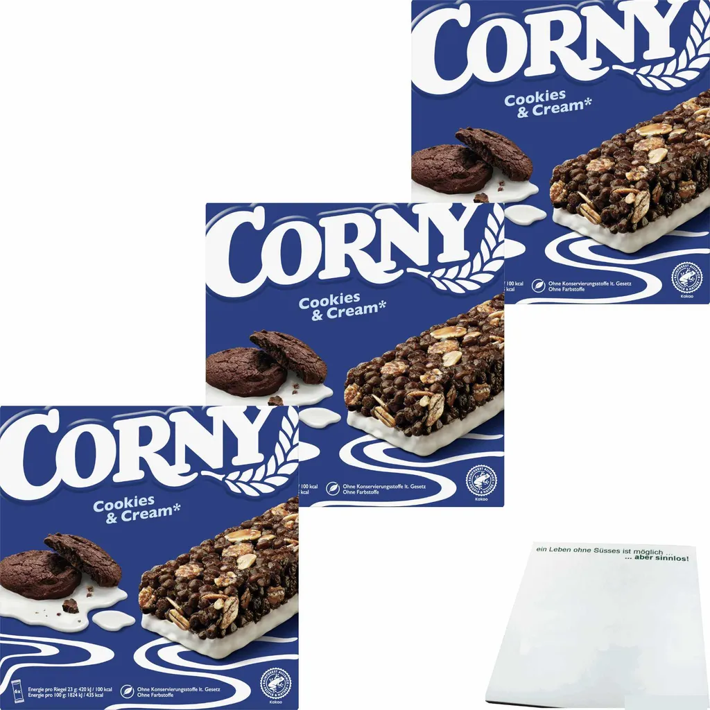 Corny Cookies & Cream 6 Riegel 3er Pack (3x138g Packung) + usy Block